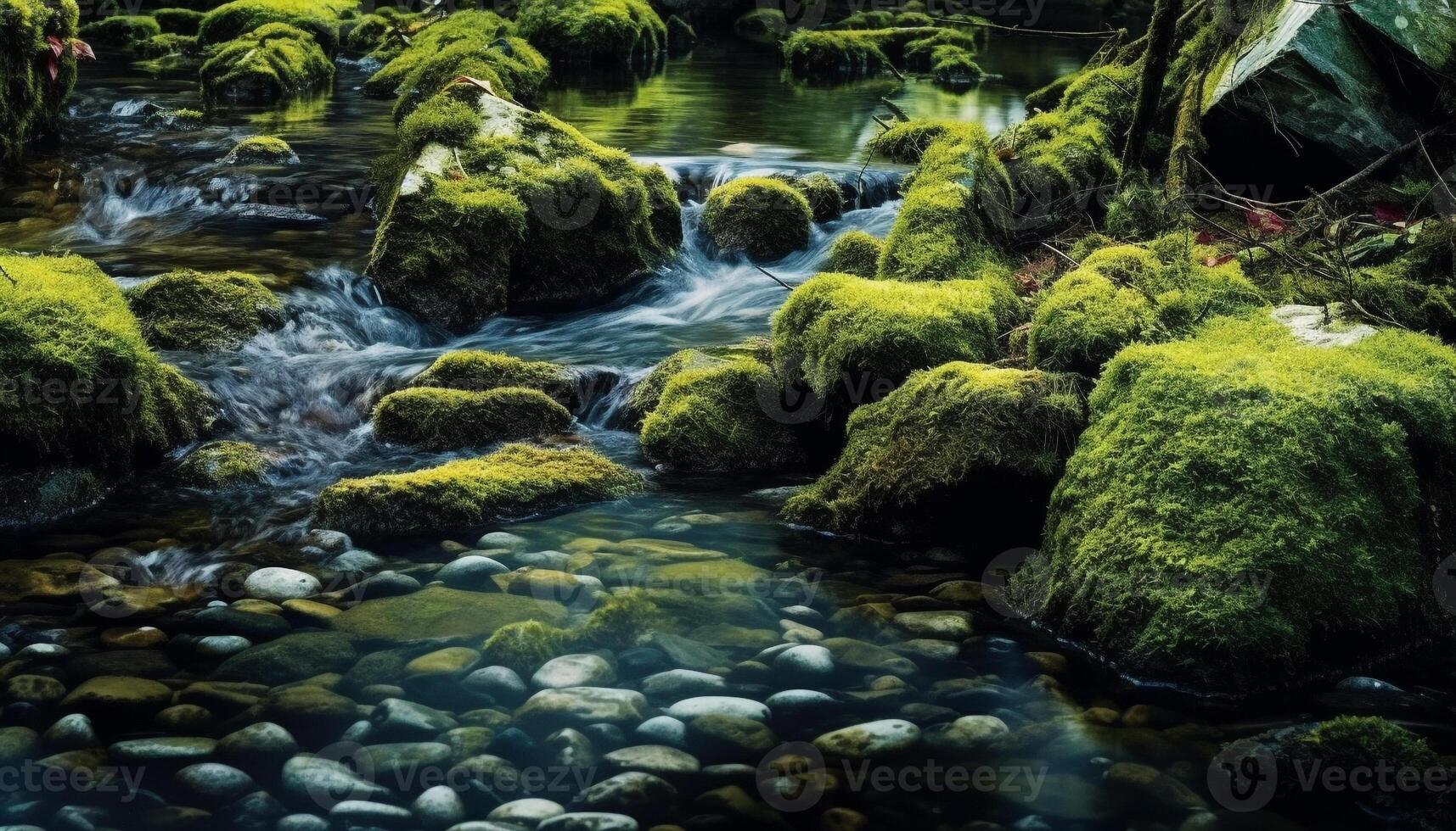ai gerado tranquilo cena do fluindo água dentro uma floresta gerado de ai foto