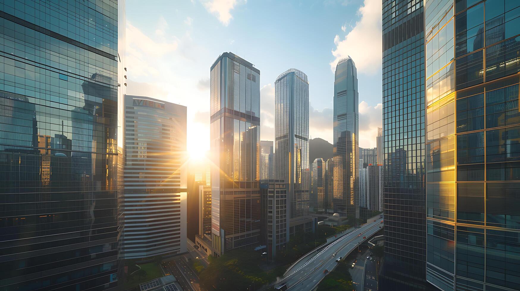 ai gerado moderno cidade Horizonte domina Claro azul céu dentro Largo tiro foto