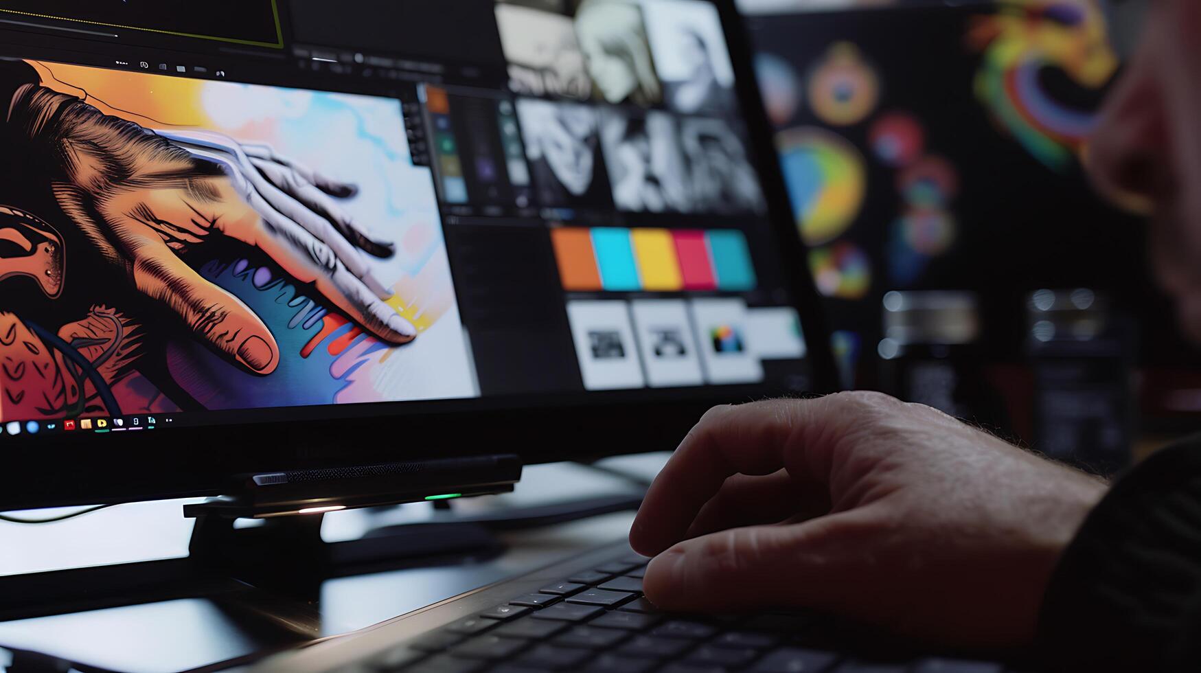 ai gerado designers criativo processo capturado clicando e arrastando gráfico elementos em computador tela área de trabalho com caneta tábua e cor amostras foto