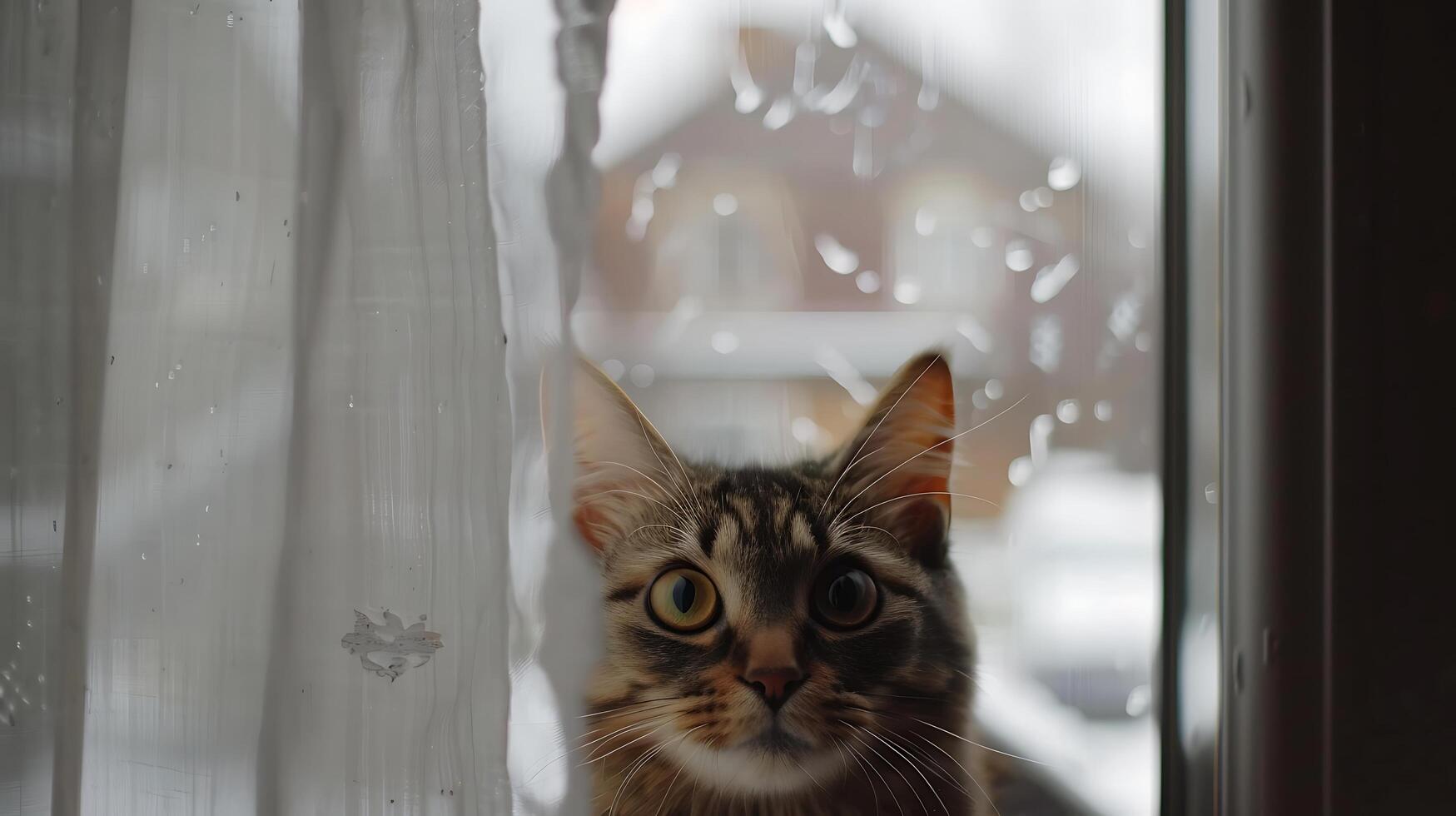 ai gerado curioso gato espreitadelas atrás em vaso plantar dentro ensolarado vivo quarto foto