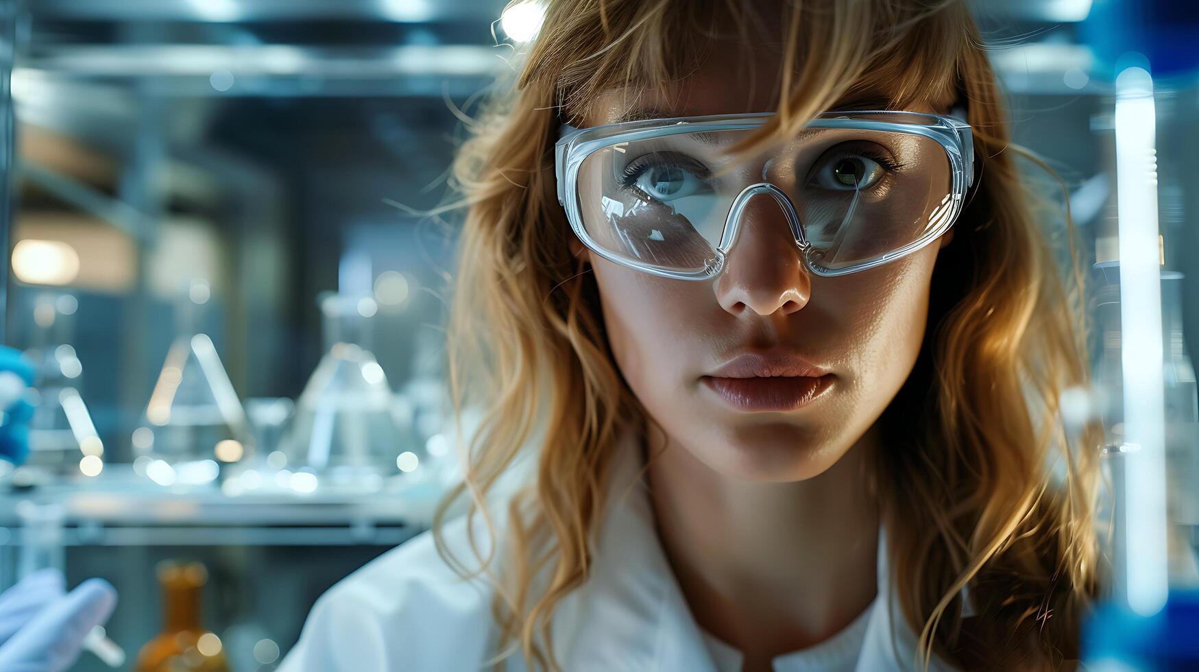ai gerado fêmea cientista acionado dentro microscopia trabalhos dentro laboratório com teste tubos e equipamento foto