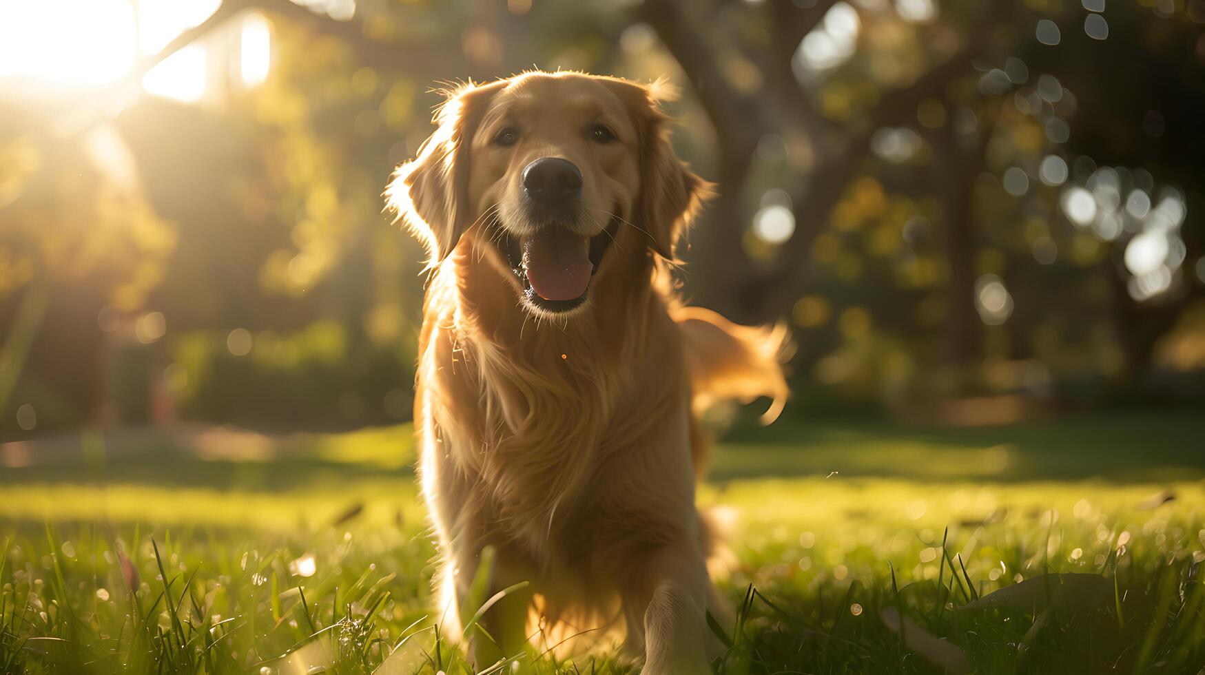 ai gerado alegre dourado retriever tocam dentro iluminado pelo sol parque capturado com 50mm lente dentro vibrante natural configuração foto