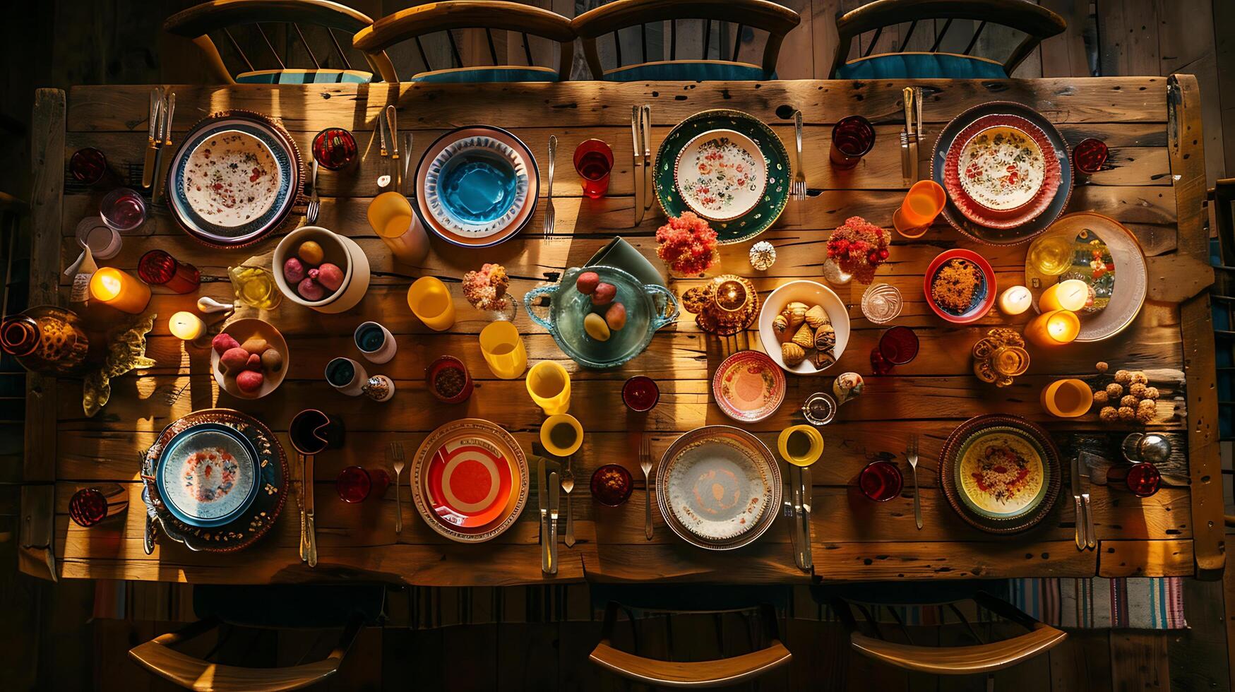 rústico farmtotable jantar generoso espalhar do fresco produzir e pão banhado dentro suave natural luz foto