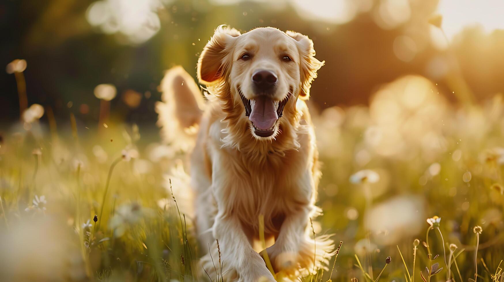 ai gerado dourado retriever limites através iluminado pelo sol pastagem dentro 50mm fechar-se irradiando calor e alegria foto