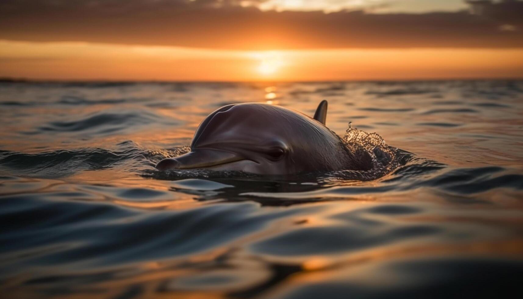 ai gerado brincalhão golfinho natação dentro a azul mar às pôr do sol gerado de ai foto