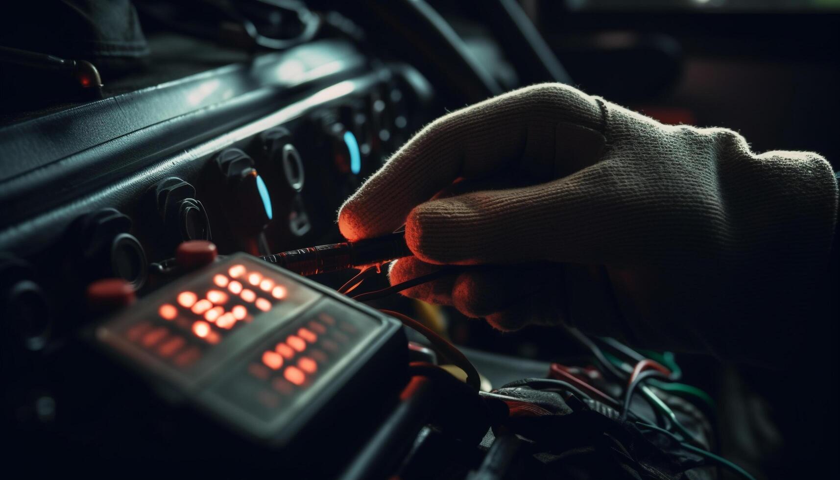 ai gerado mecânico reparação carro motor, ajustando velocímetro, trabalhando dentro de casa às noite gerado de ai foto