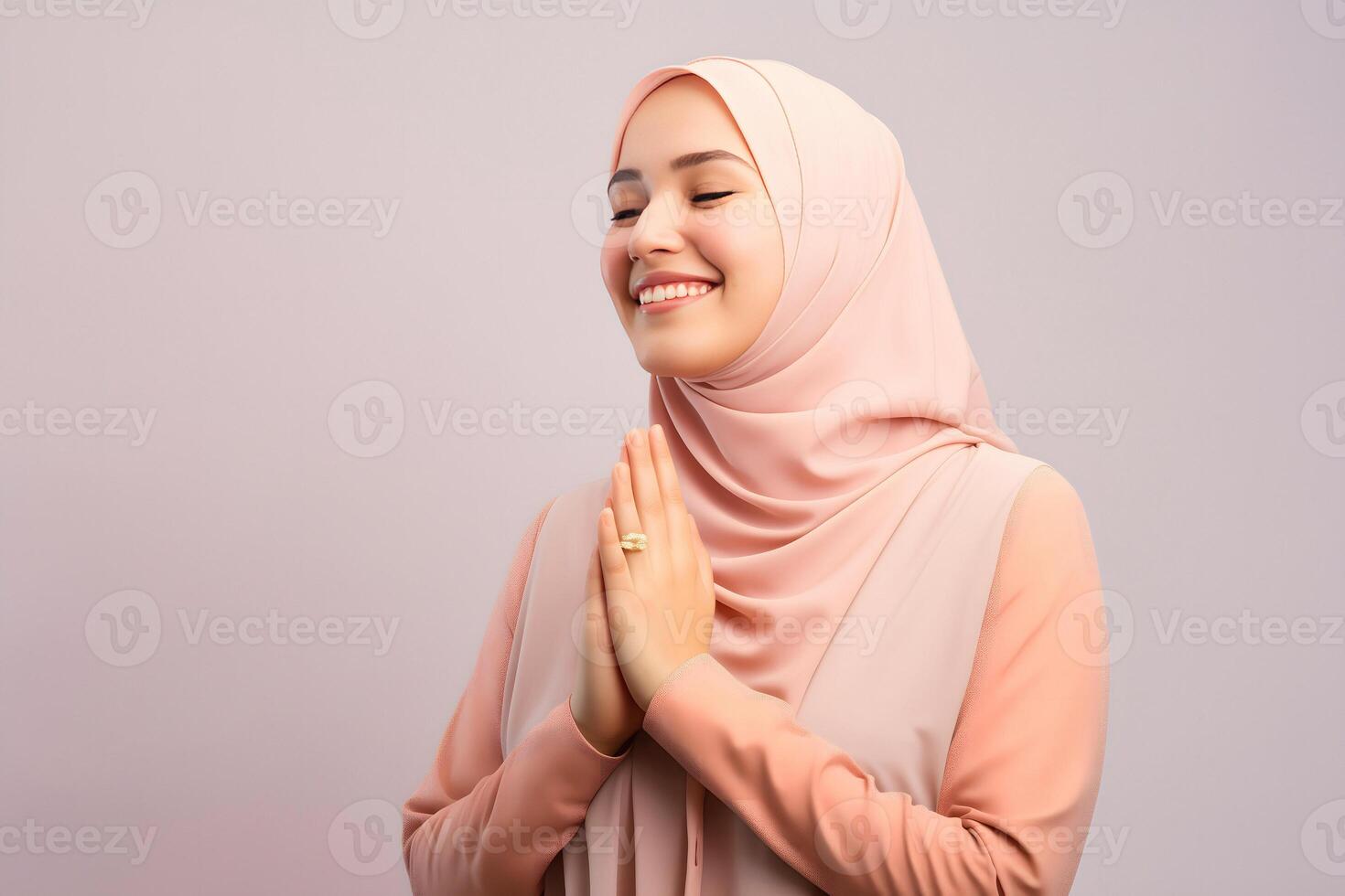 ai gerado lindo ásia muçulmano mulher com uma radiante sorriso, fazer a eid Mubarak cumprimento gesto, isolado em uma limpar \ limpo fundo, representando a conceito do religioso estilo de vida foto