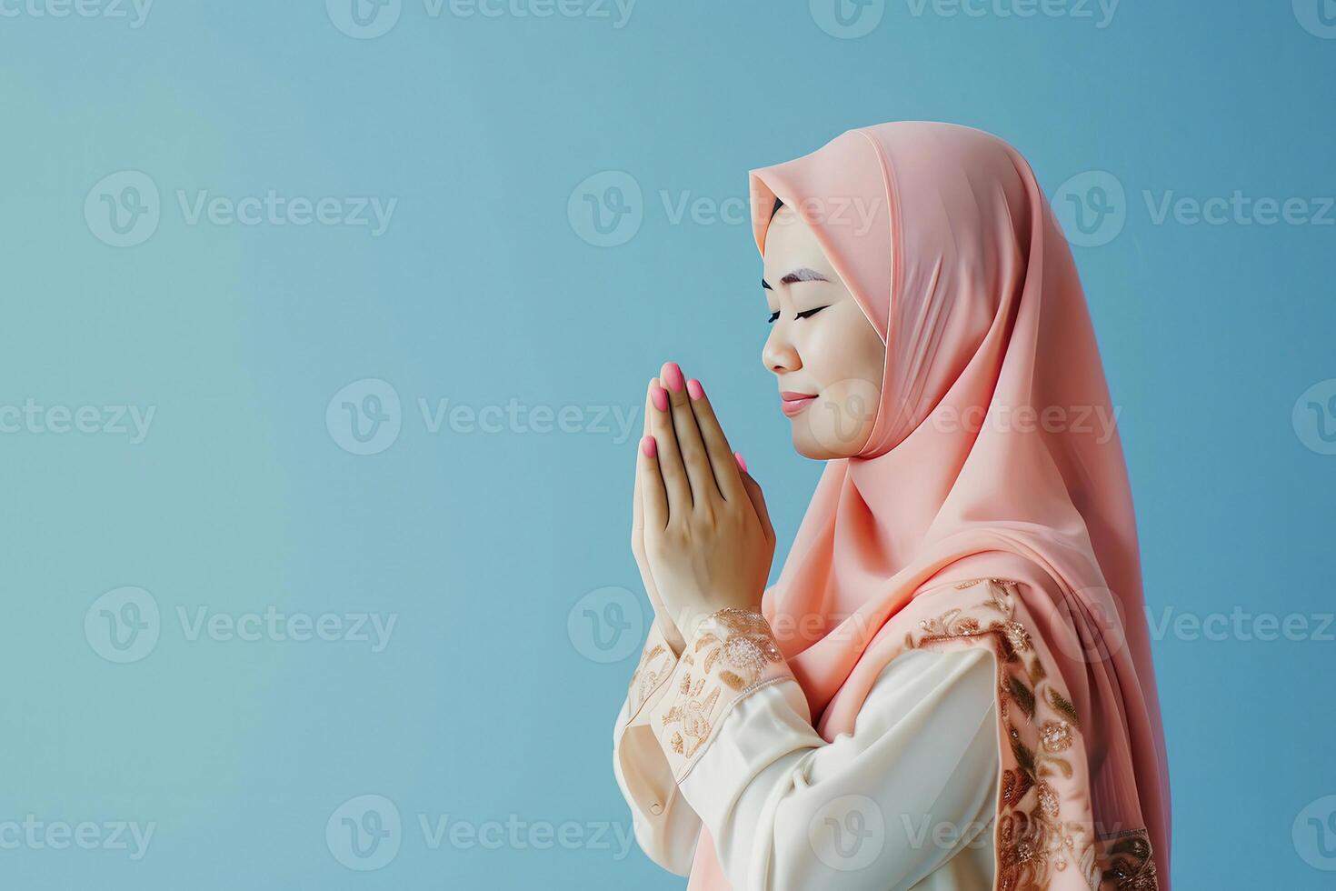 ai gerado lindo ásia muçulmano mulher com uma radiante sorriso, fazer a eid Mubarak cumprimento gesto, isolado em uma limpar \ limpo fundo, representando a conceito do religioso estilo de vida foto