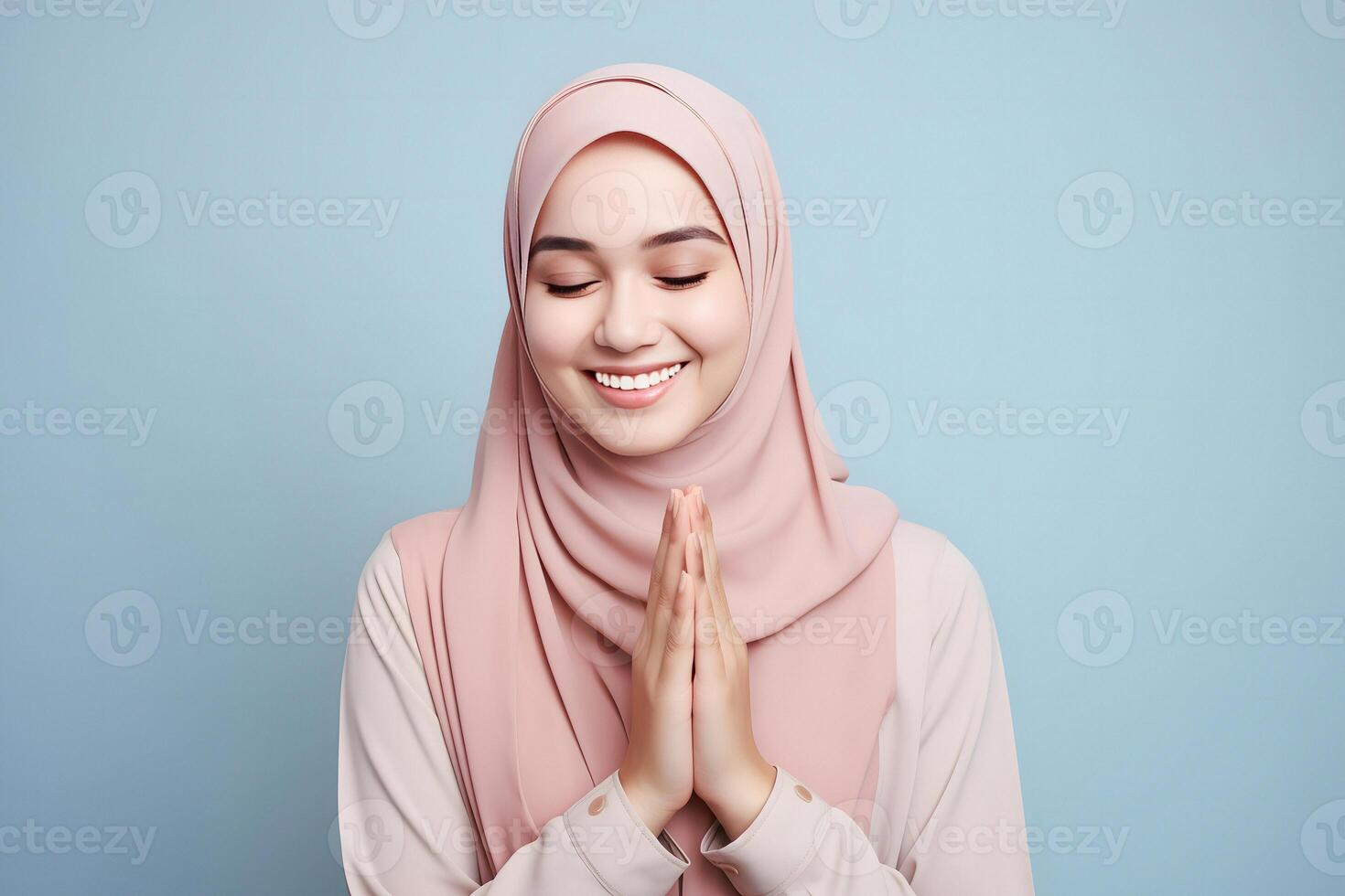 ai gerado lindo ásia muçulmano mulher com uma radiante sorriso, fazer a eid Mubarak cumprimento gesto, isolado em uma limpar \ limpo fundo, representando a conceito do religioso estilo de vida foto