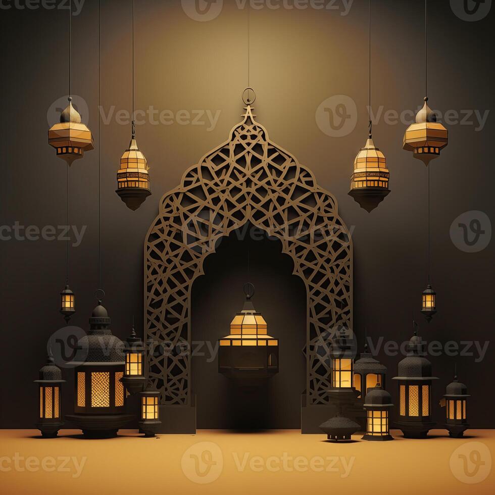ai gerado luxuoso Ramadã celebração com a islâmico arquitetura fundo dentro uma luz Preto e bronze estilo. apresentando luxuoso parede enforcamentos, luz bege e amarelo acentos, foto