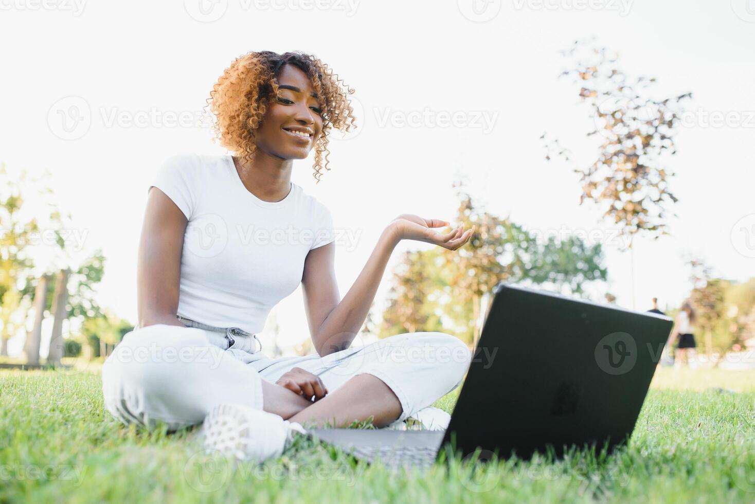 jovem sorridente Preto mulher sentado ao ar livre em Relva com computador portátil, digitando, surfar Internet. tecnologia, comunicação, Educação e controlo remoto trabalhando conceito, cópia de espaço foto
