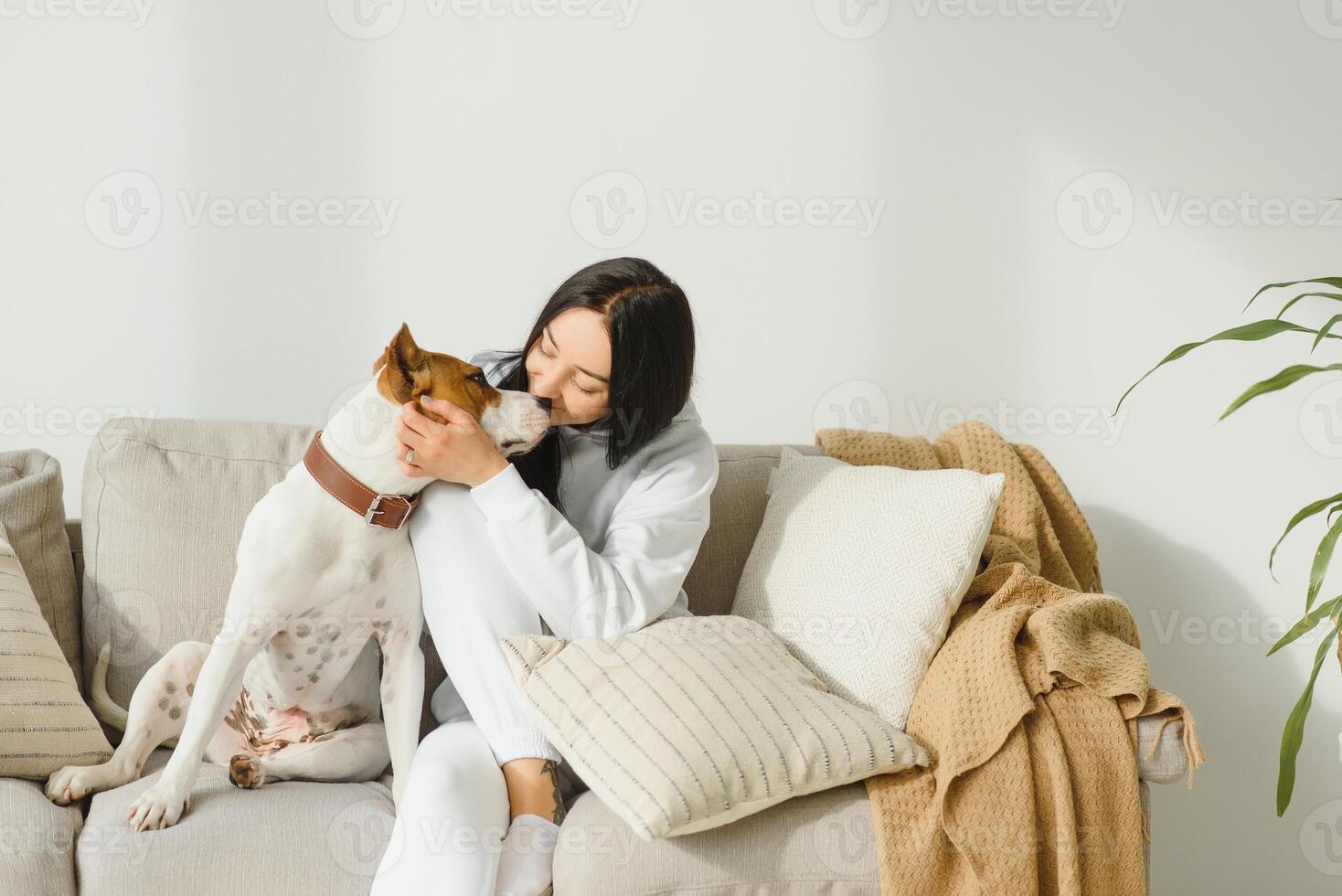 jovem mulher com dela fofa cachorro às lar. adorável animal. foto