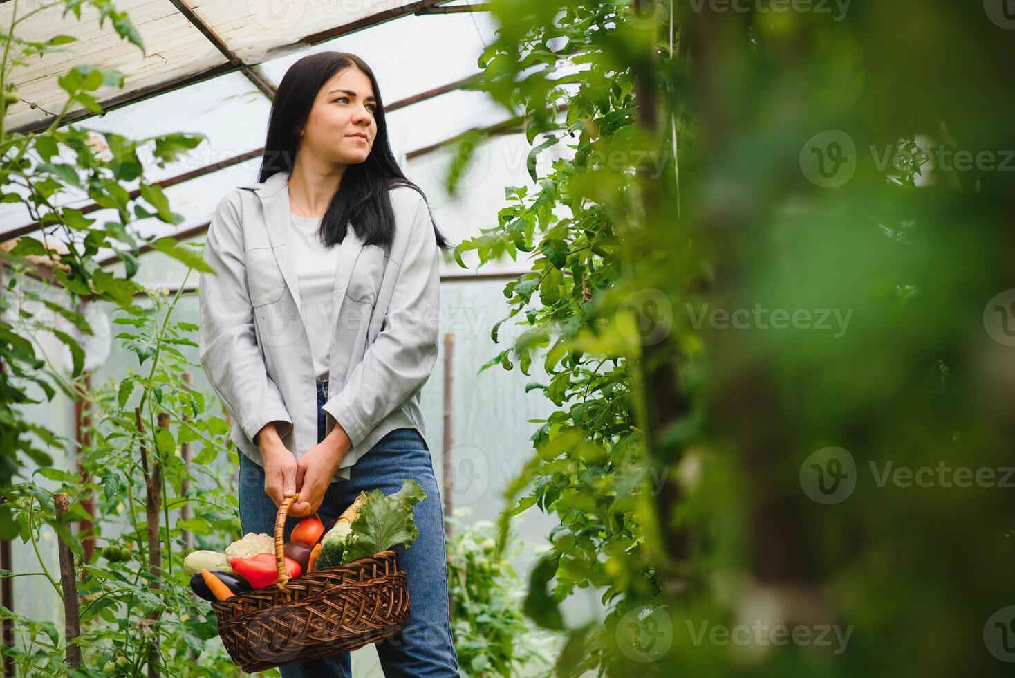 mulher agricultor em pé dentro estufa. feliz trabalhador crescendo legumes trabalhando dentro estufa. agricultura foto