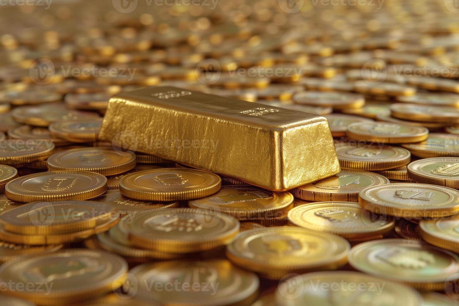 ai gerado ouro Barra colocar em topo do pilhas do ouro moeda foto
