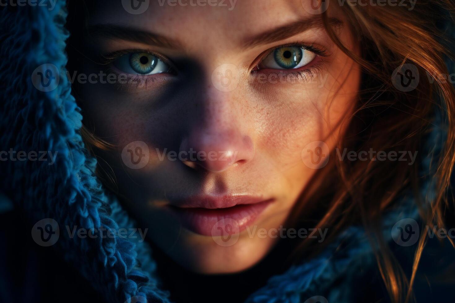 ai gerado impressionante azul olhos do mulher capturado às crepúsculo com Alto fim dslr e prime lente dentro cor rico estilo foto