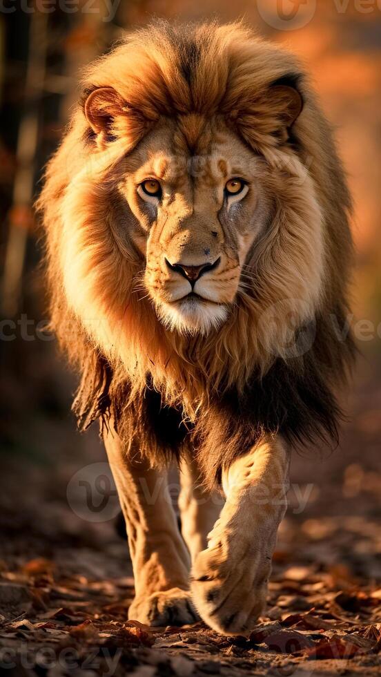 ai gerado majestoso leão aquecendo dentro dourado hora em a africano savana. majestoso animais selvagens, radiante pôr do sol. foto