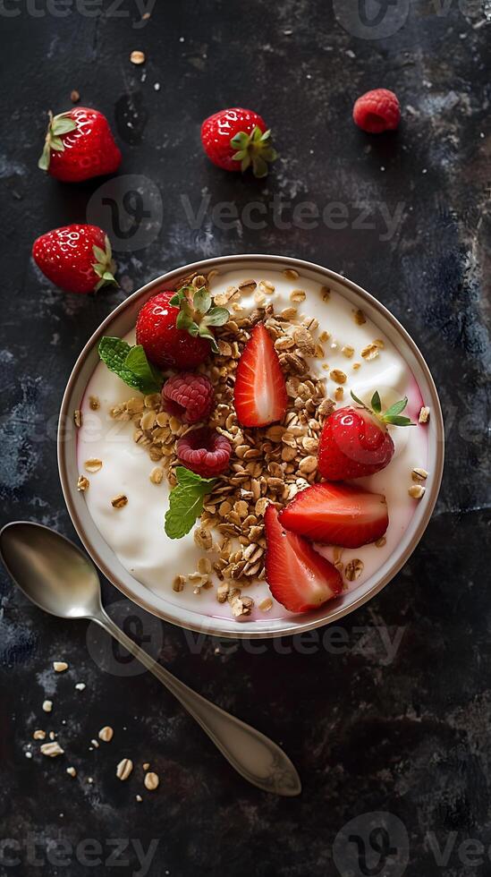 ai gerado baga iogurte com granola em Sombrio superfície foto