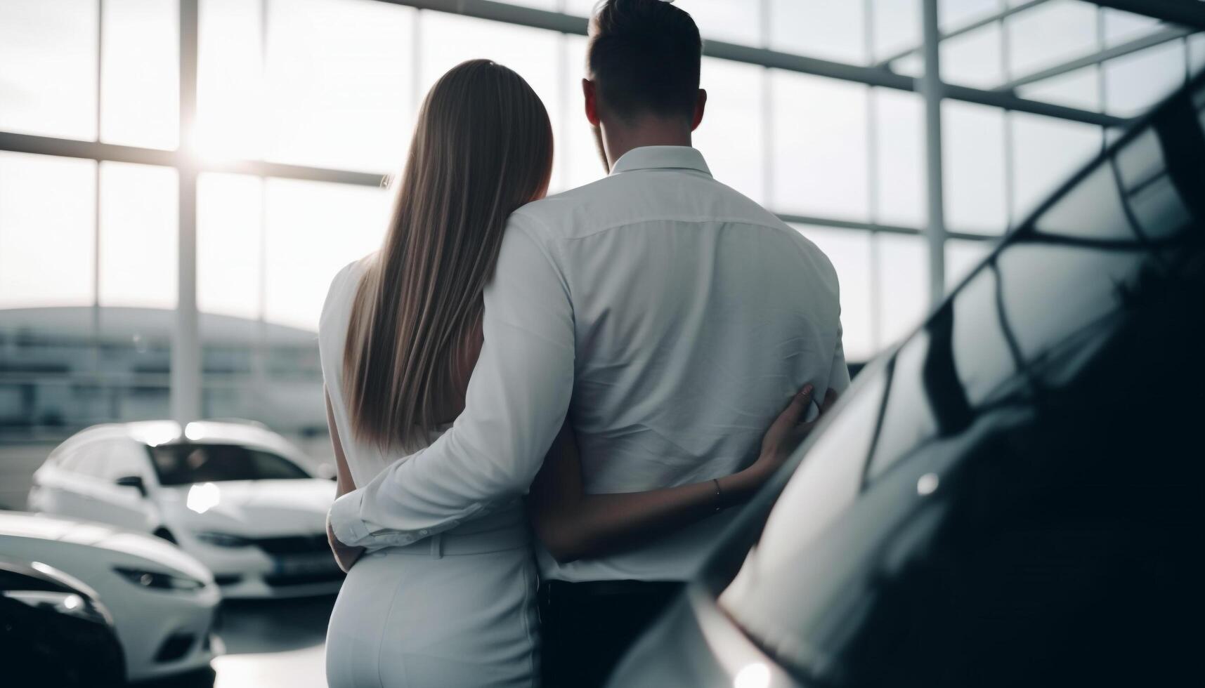 ai gerado jovem casal abraçando, sorridente, olhando Fora janela, discutindo o negócio gerado de ai foto