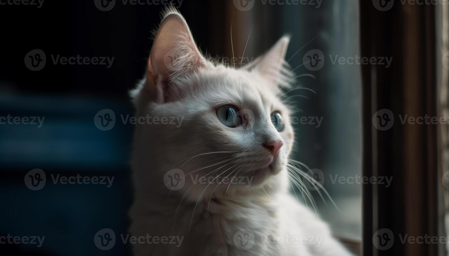 ai gerado fofa gatinho sentado de janela, encarando com curioso azul olhos gerado de ai foto