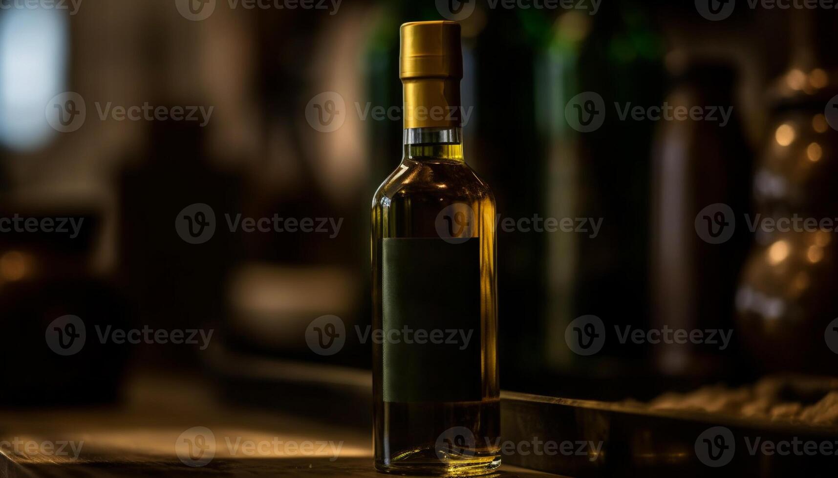 ai gerado luxo vinho garrafa em mesa, vidro reflete elegância e celebração gerado de ai foto
