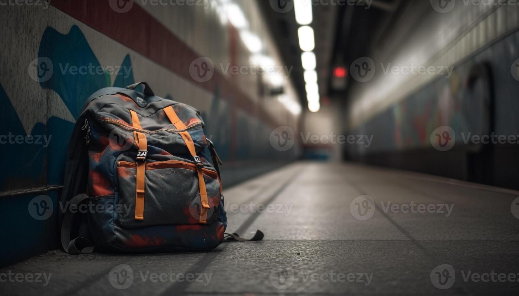 ai gerado 1 pessoa caminhando através Sombrio metrô estação, carregando mochila gerado de ai foto