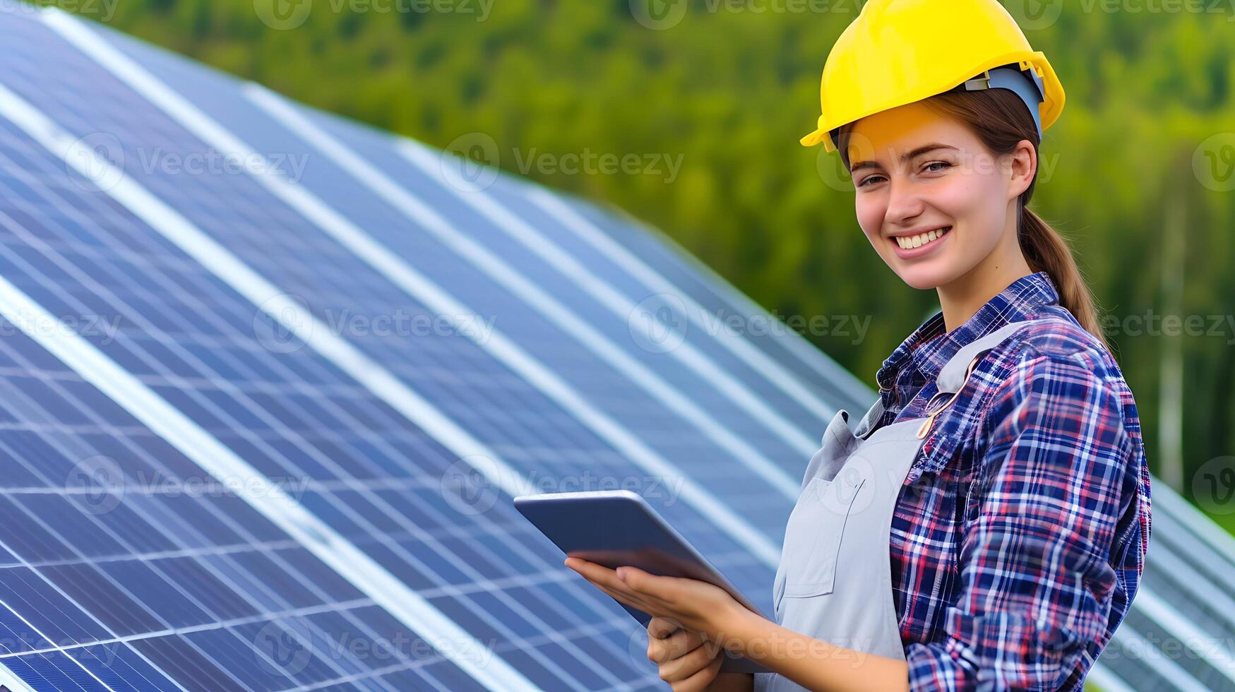 ai gerado mulher dentro Difícil chapéu em pé Próximo para solar painel. generativo ai. foto