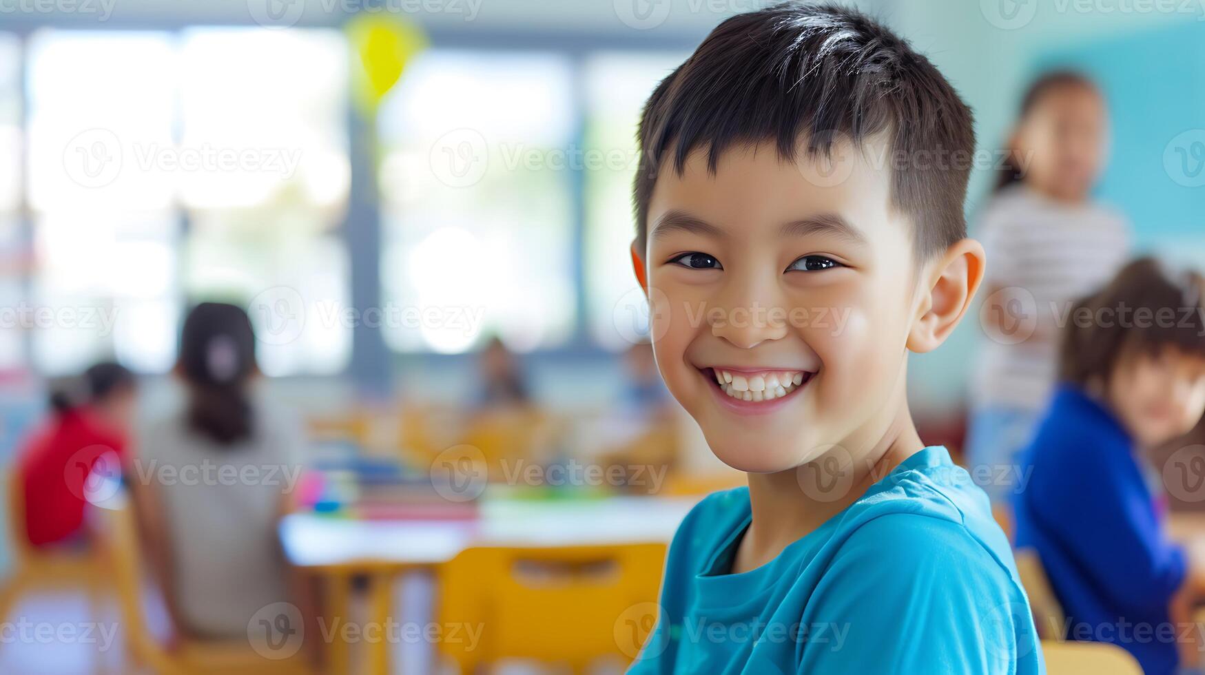 ai gerado sorridente jovem Garoto dentro sala de aula. generativo ai. foto