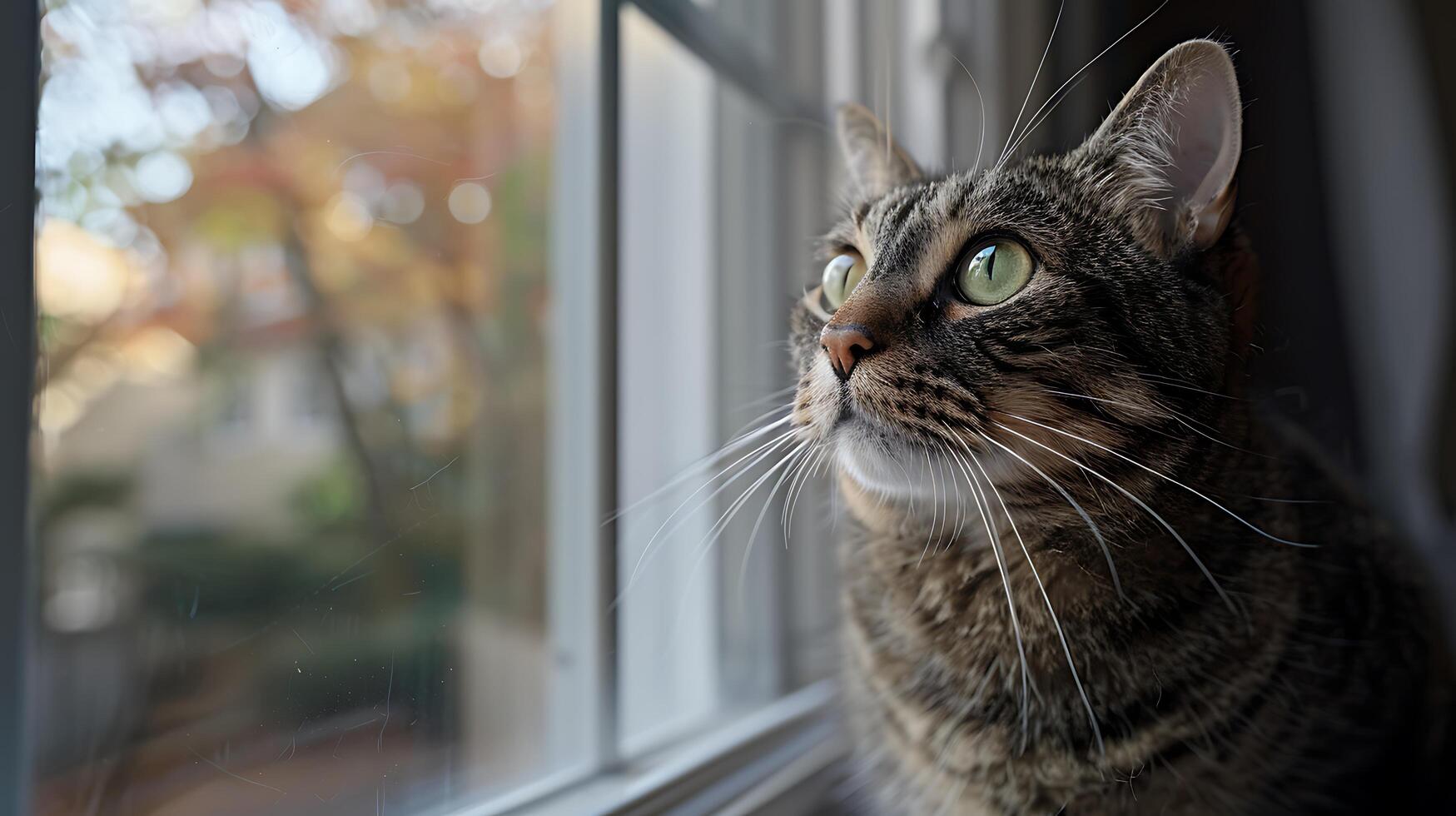 ai gerado curioso malhado gato olhares fixos às a mundo a partir de iluminado pelo sol peitoril da janela foto