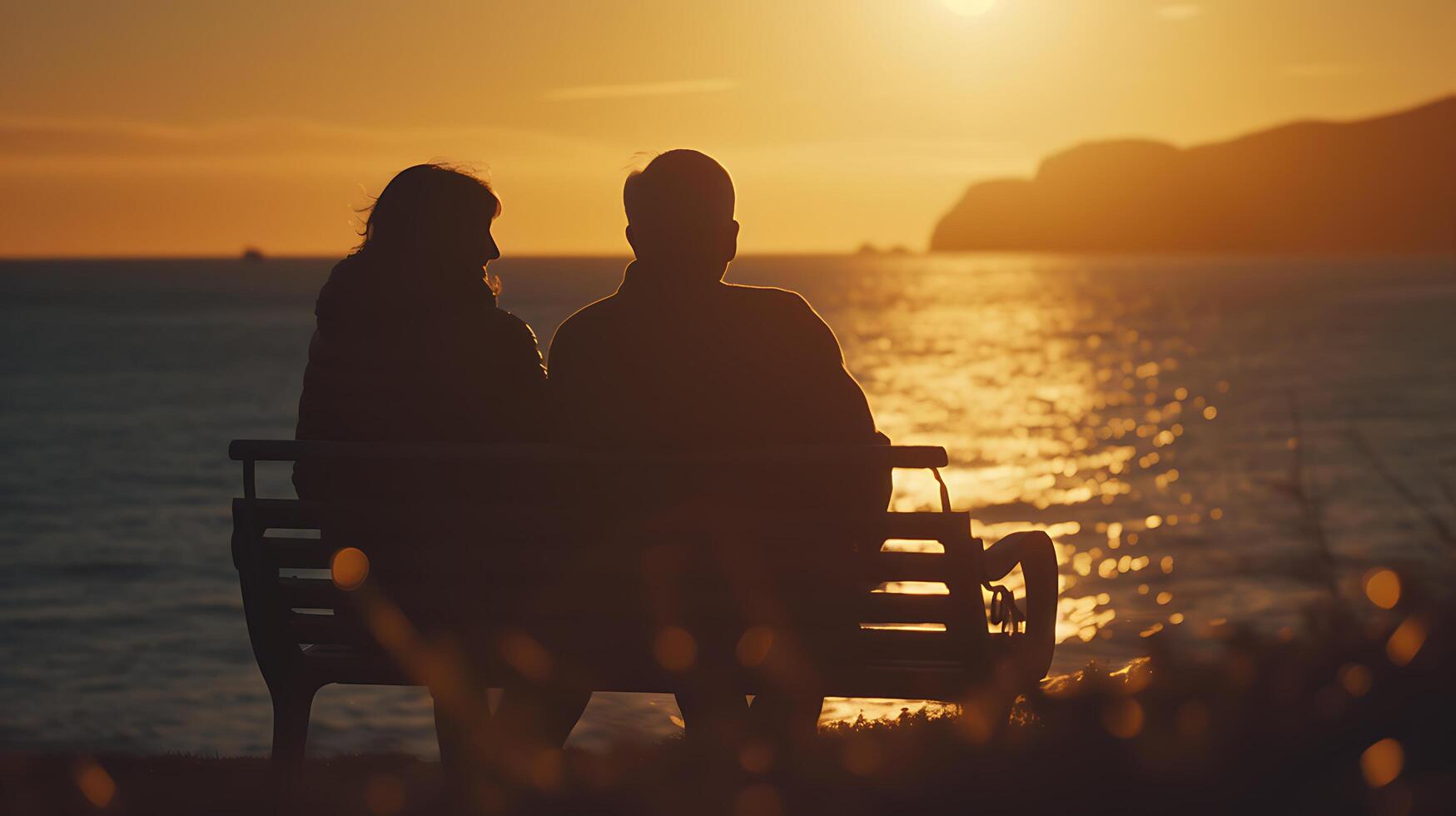 ai gerado meia idade casal abraços serenidade segurando mãos pôr do sol sobre oceano foto
