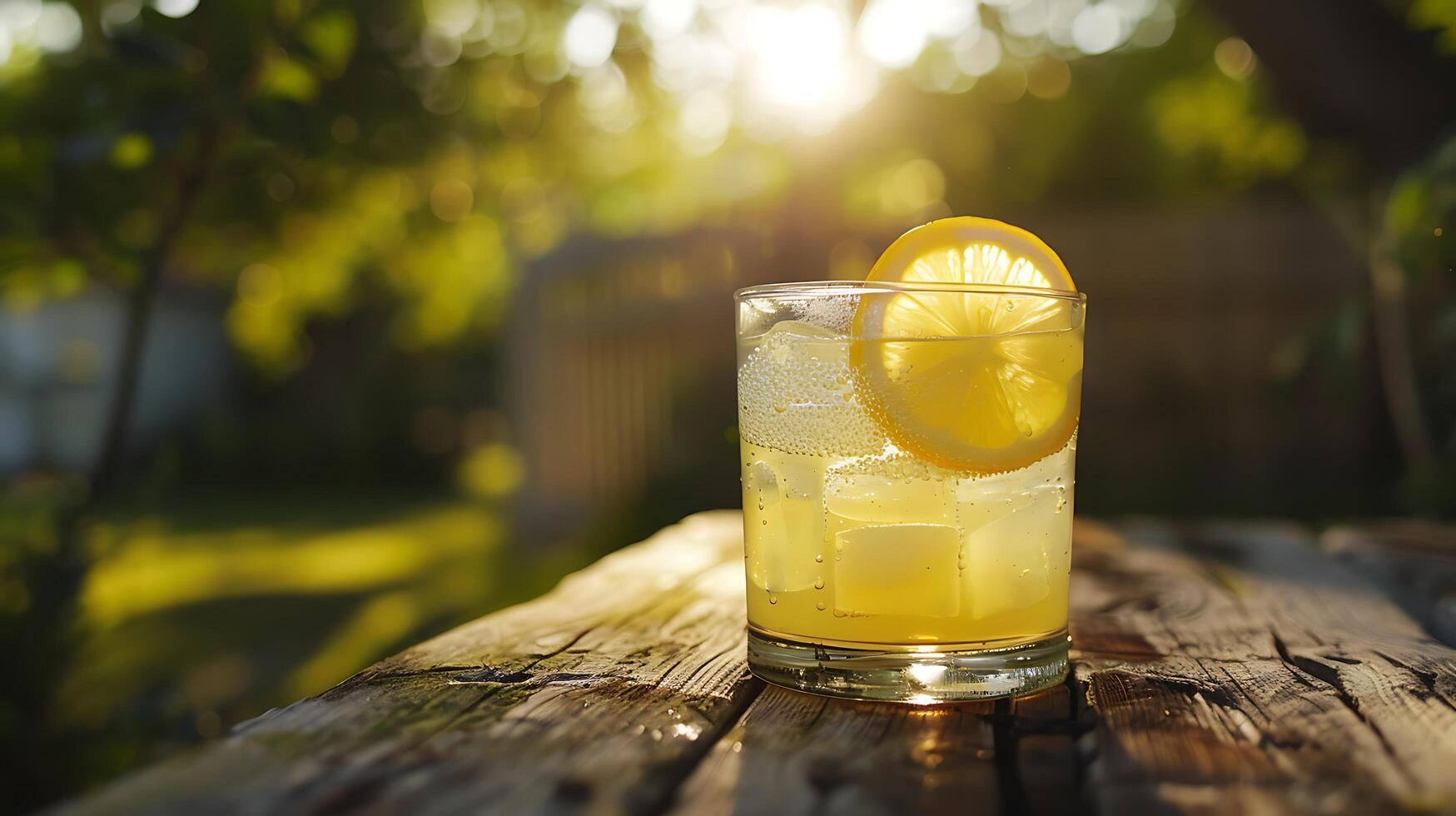 ai gerado refrescante gelado limonada enfeitado com limão e hortelã conjunto dentro brilhante ao ar livre pátio cena foto