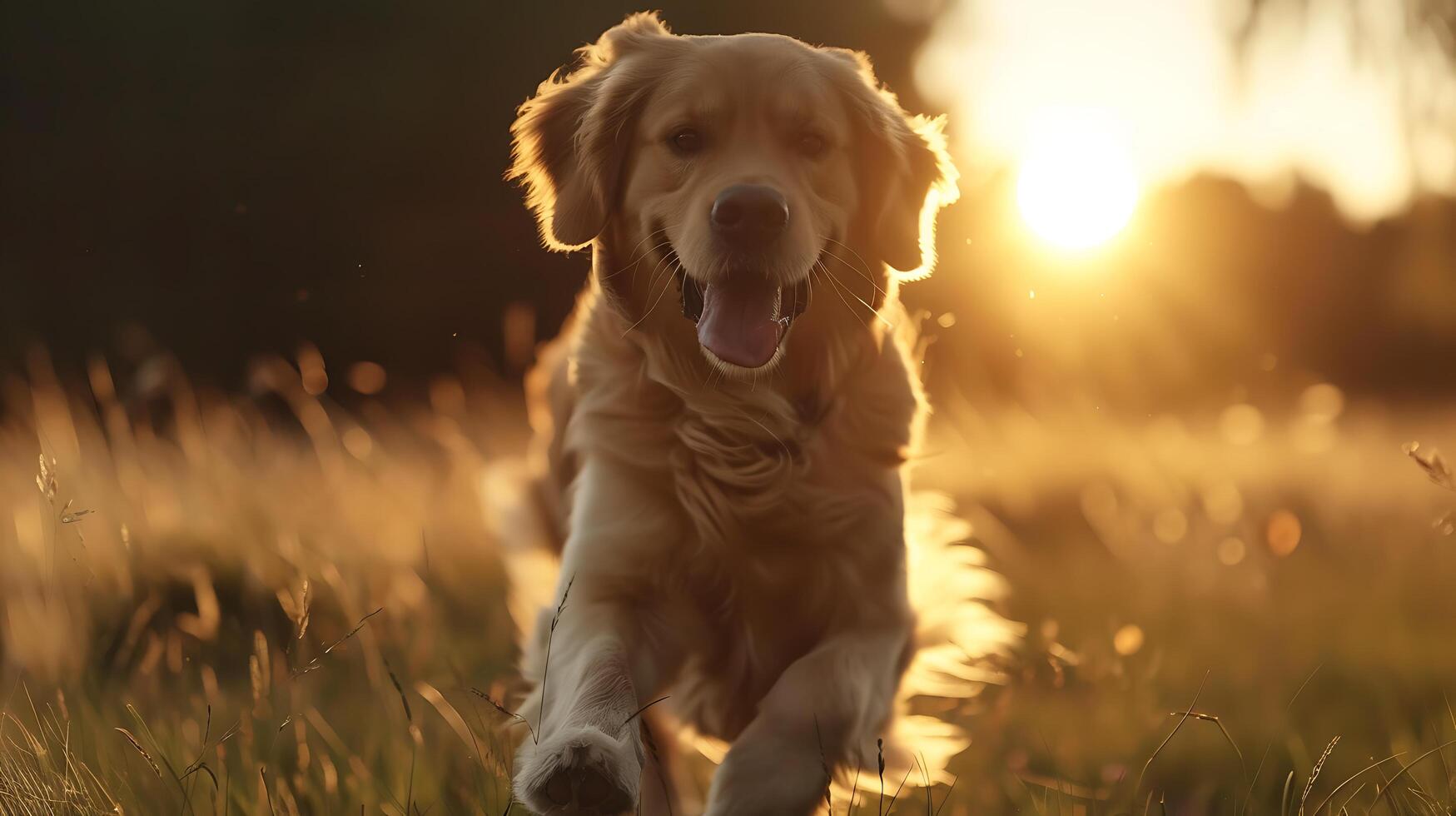 ai gerado fofo dourado retriever brincadeiras através flores silvestres campo dentro suave natural luz com caloroso tons foto