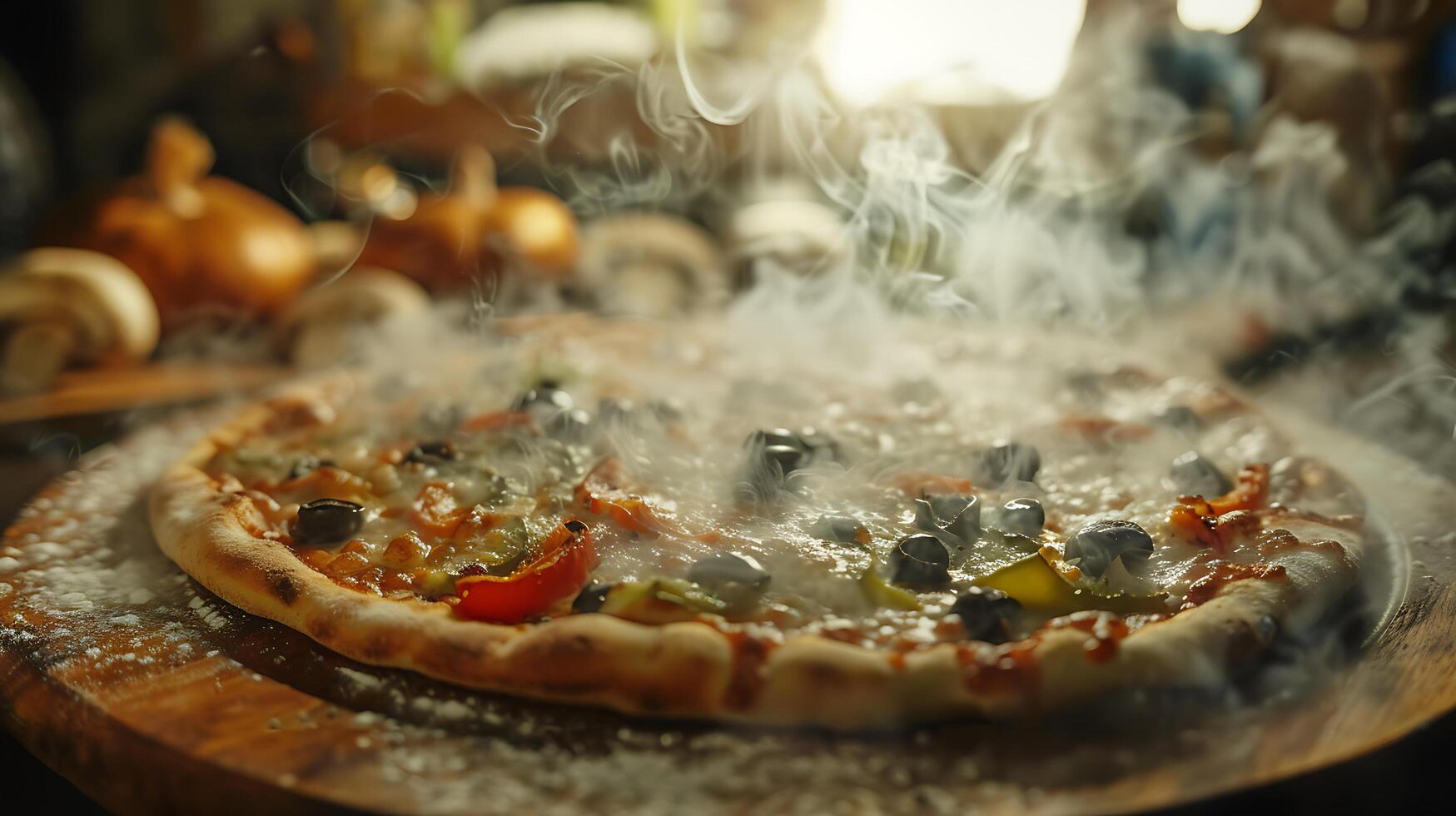 ai gerado chiando quente pizza deleite em rústico mesa capturado com 50mm lente enfatizando fresco ingredientes foto