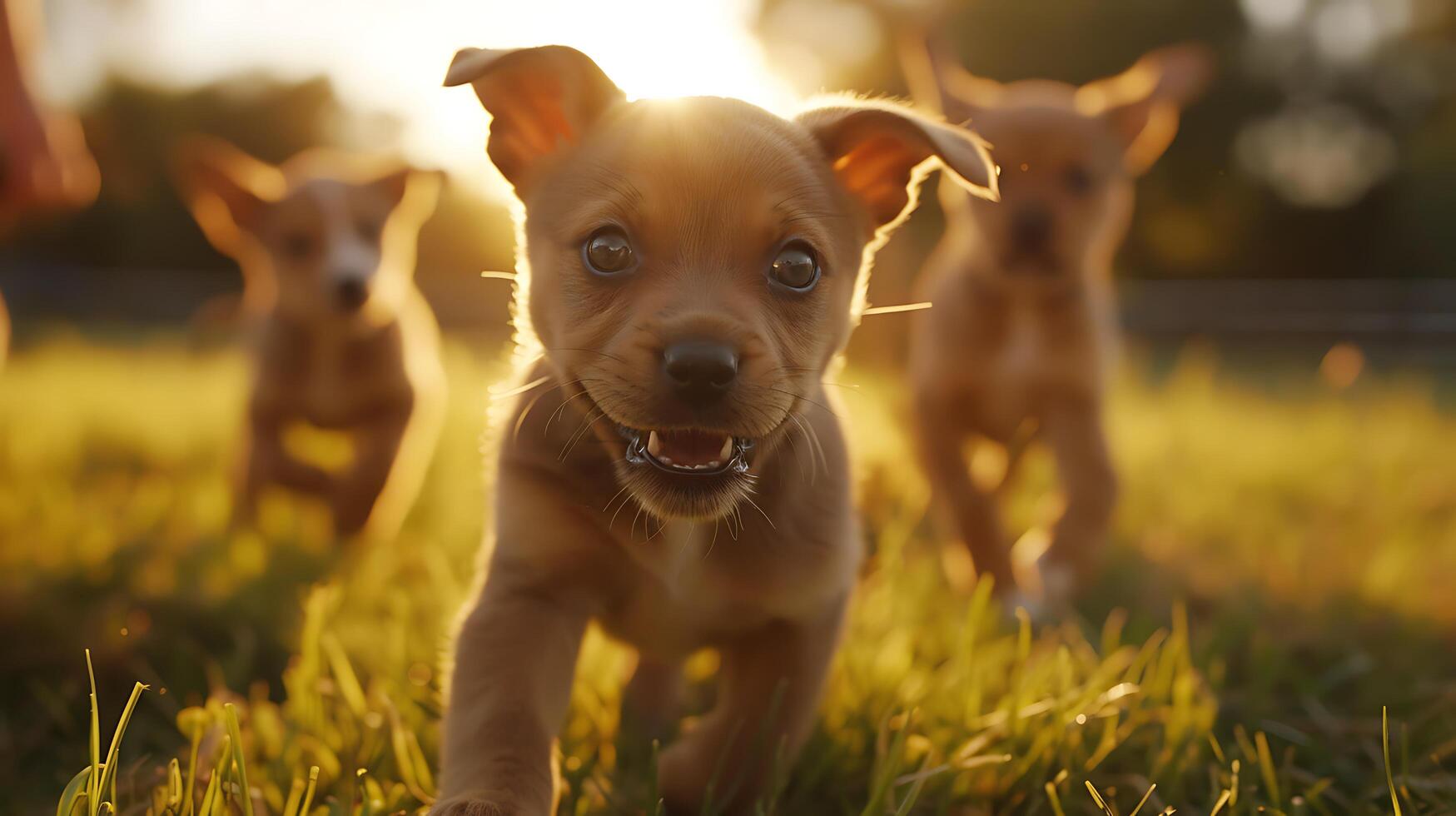 ai gerado brincalhão dourado retriever limites através pôr do sol iluminado campo capturado dentro fechar-se foto