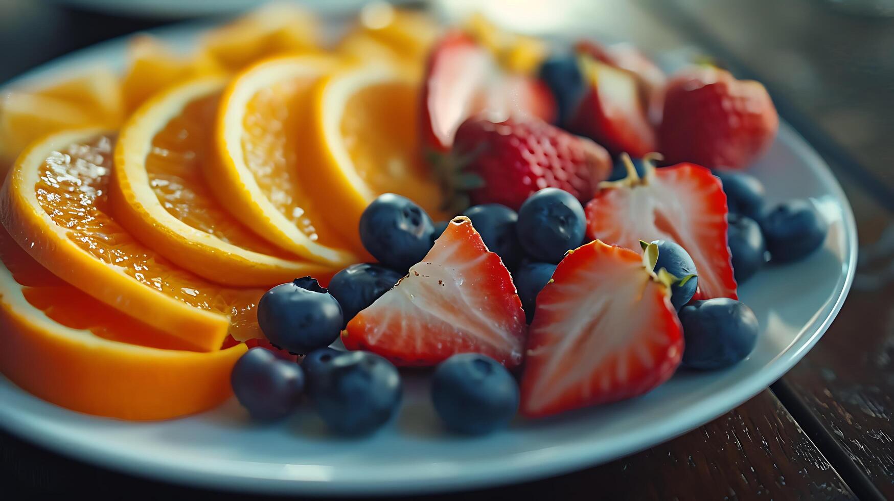 ai gerado colorida fruta prato maduro morangos suculento amoras e vibrante laranja fatias capturado dentro macro detalhe foto