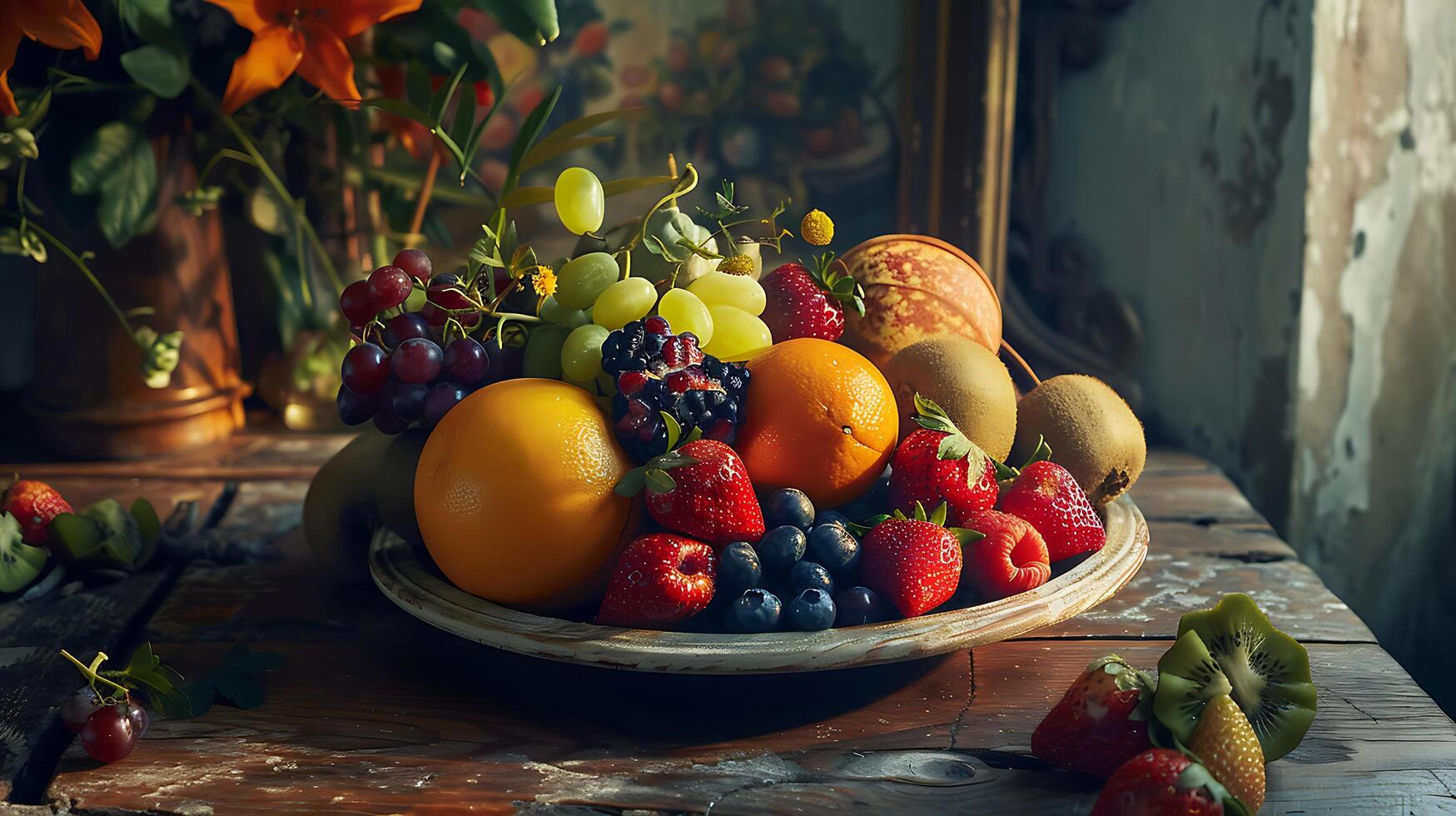 ai gerado colorida fruta prato banhado dentro caloroso natural luz cria a convidativo e apetitoso exibição foto