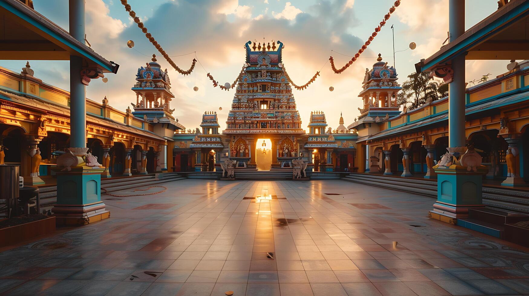 ai gerado colorida hindu têmpora brilha às nascer do sol abraçando intrincado esculturas e em torno da panorama foto