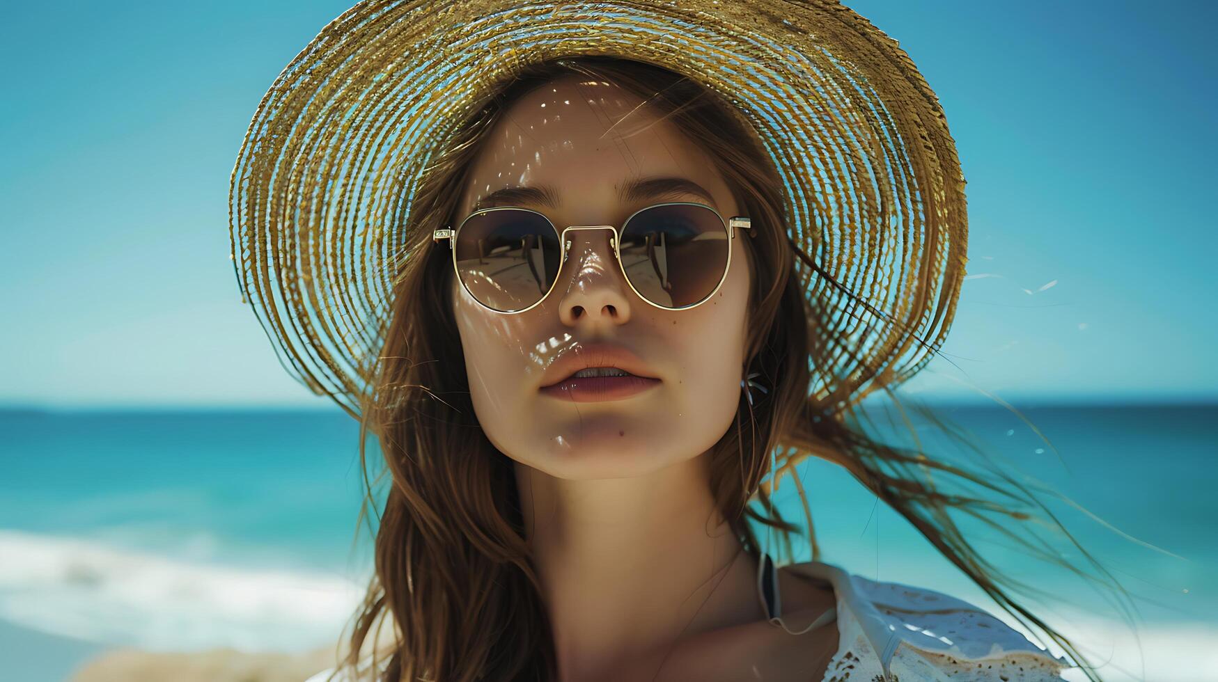 ai gerado vibrante rua mercado exploração jovem mulher dentro Sol chapéu e oculos de sol abraços exótico Localizações colorida urgência foto