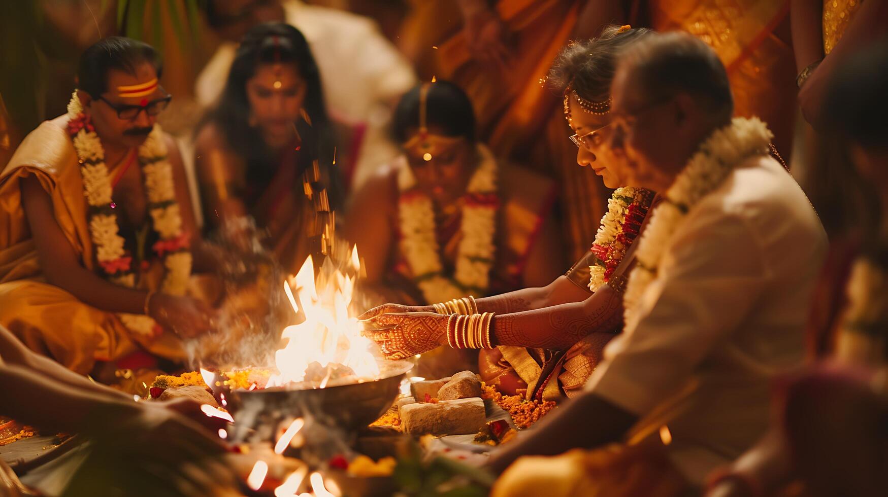 ai gerado tradicional hindu Casamento noiva noivo família e sacerdote executar sagrado fogo rituais dentro tradicional vestuário foto