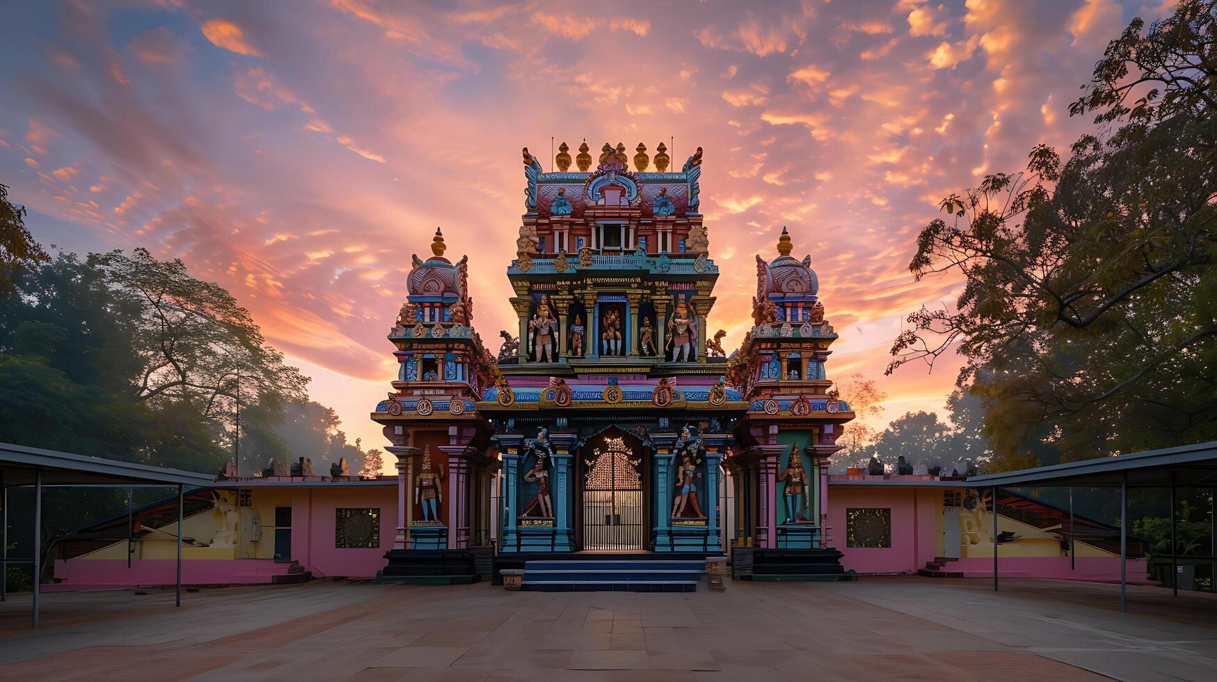 ai gerado colorida hindu têmpora às nascer do sol ângulo amplo Visão do intrincado esculturas e em torno da panorama foto