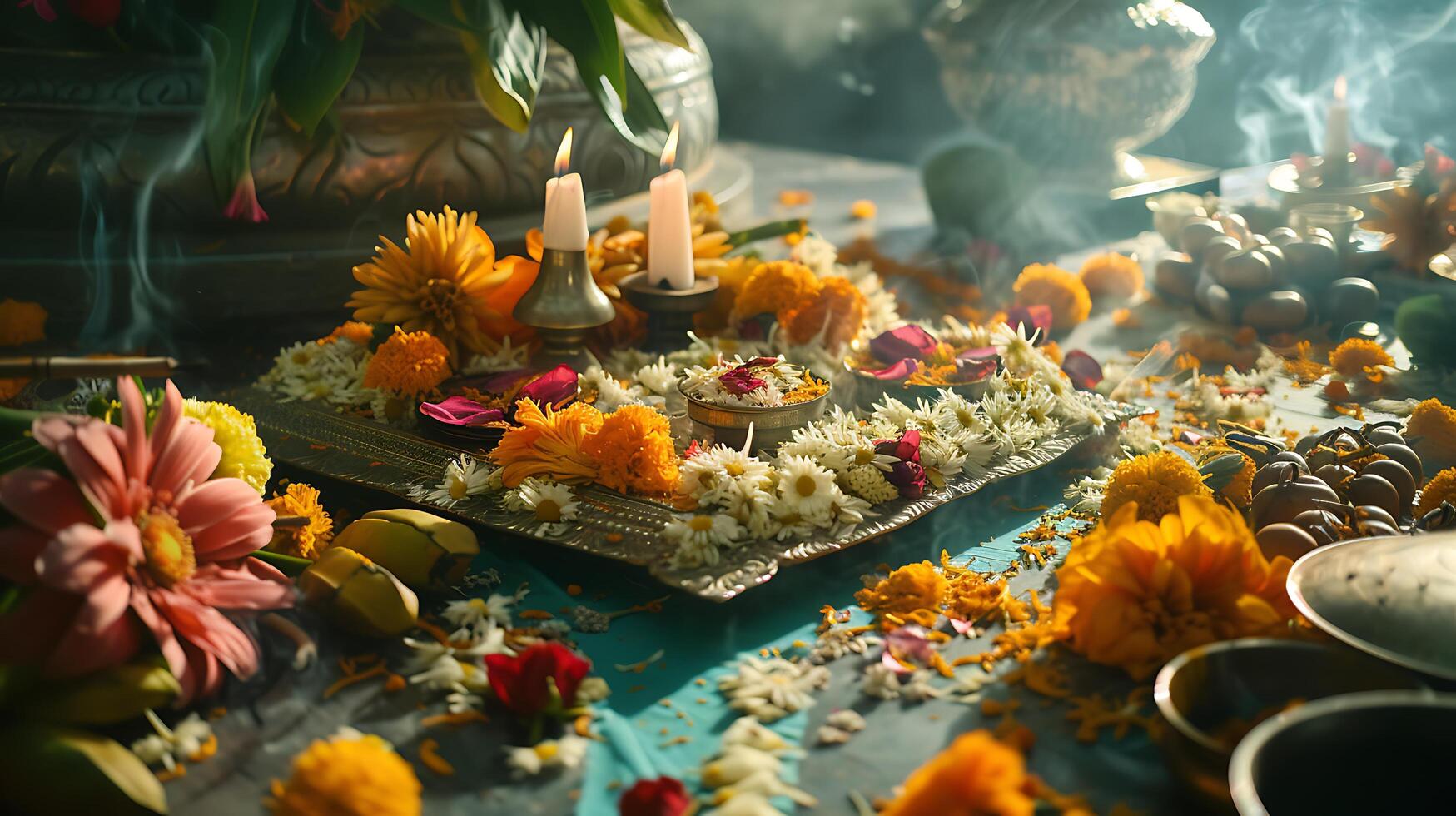 ai gerado tradicional hindu puja cerimônia oferta flores frutas e incenso em decorativo altar foto