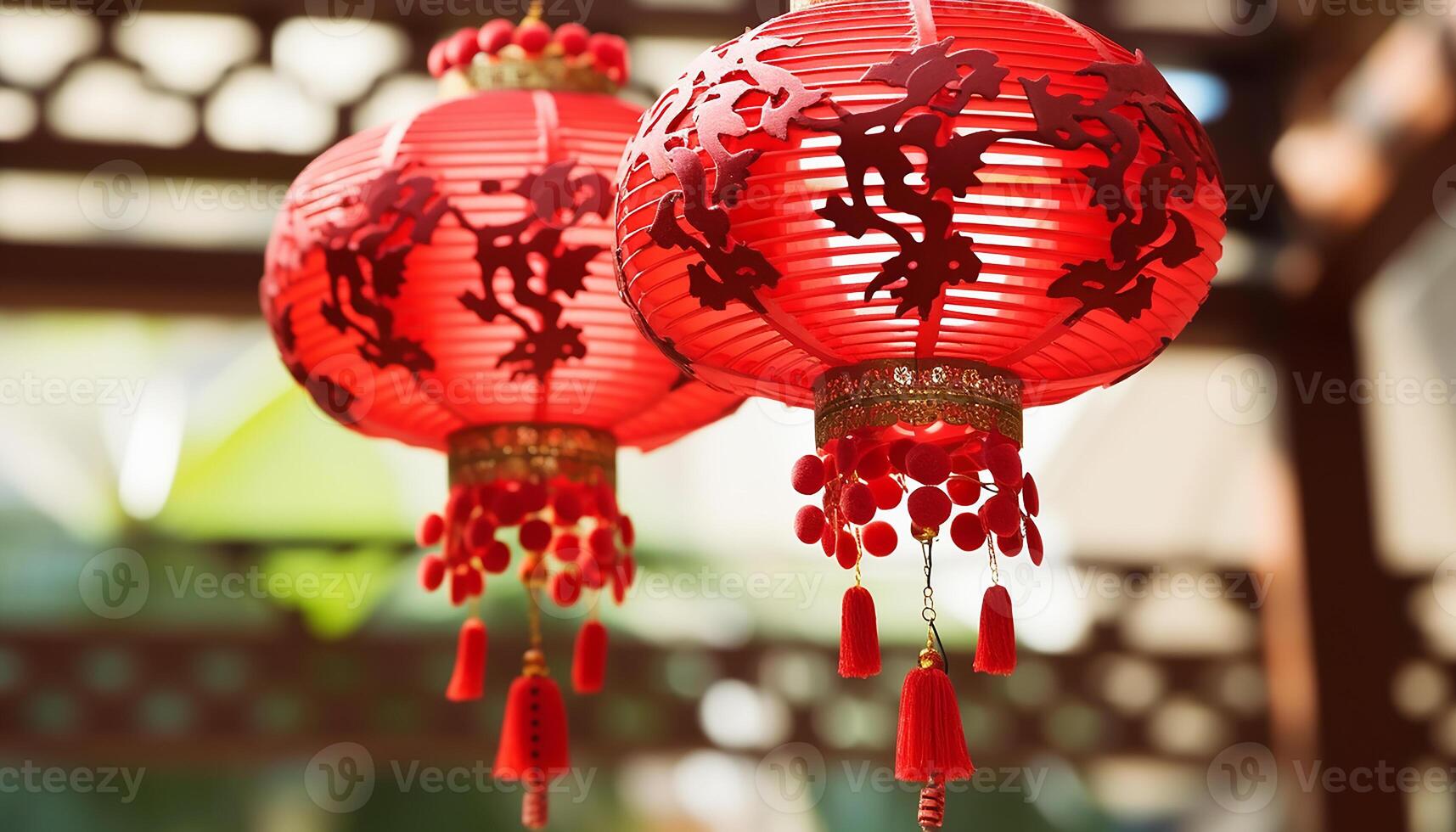 ai gerado chinês lanternas suspensão dentro a noite, iluminador a tradicional festival gerado de ai foto