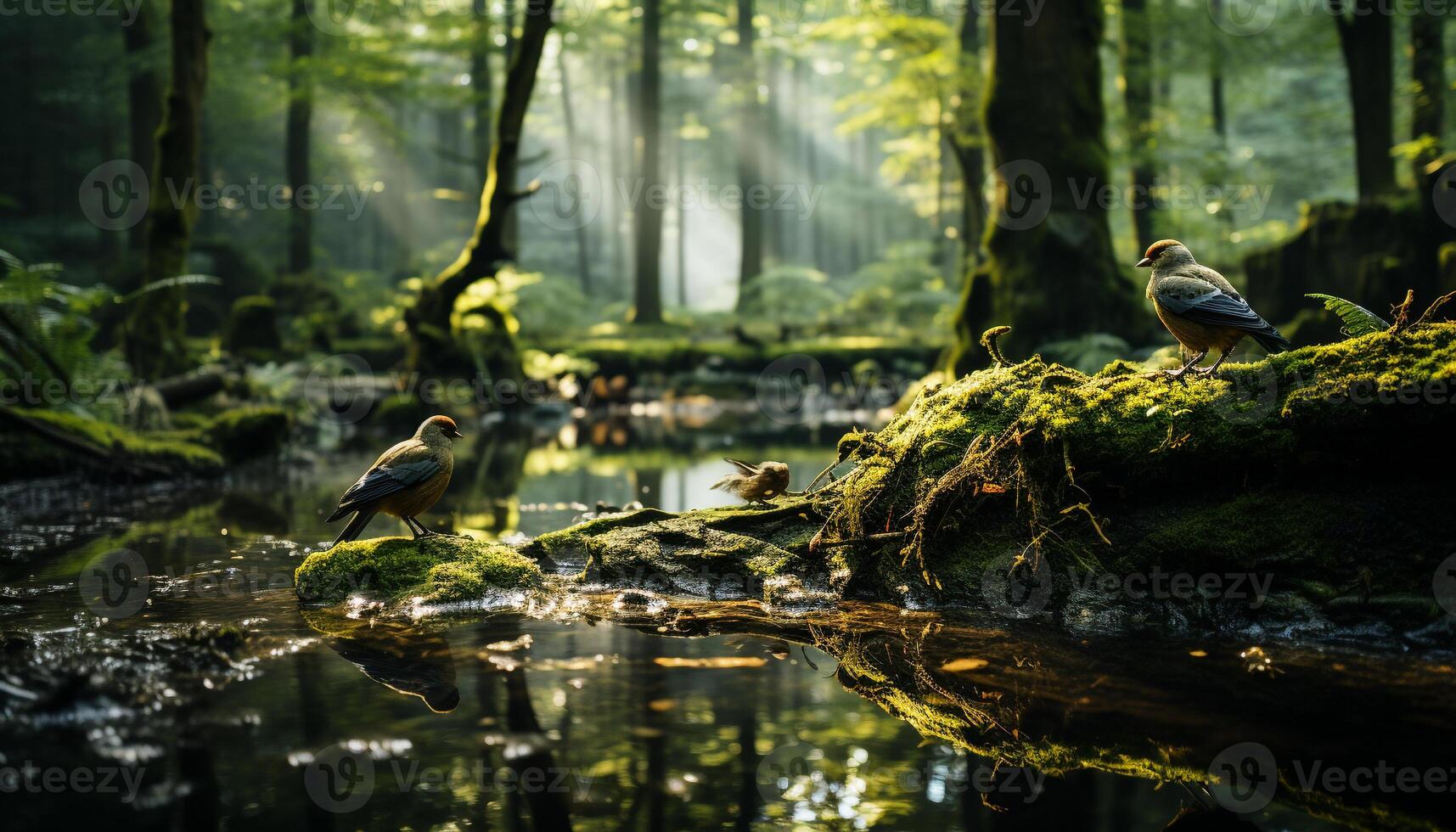 ai gerado pássaro empoleirar-se em ramo dentro tranquilo floresta panorama gerado de ai foto