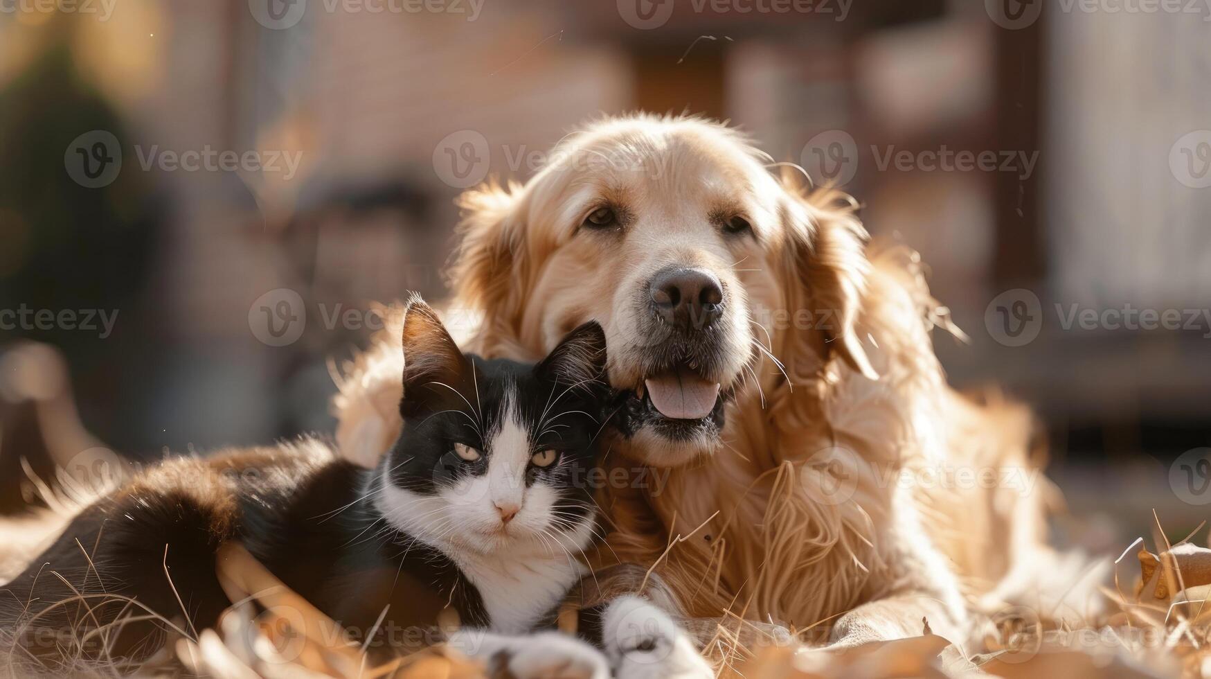 ai gerado comovente vista do uma cachorro e gato jogando juntos ao ar livre, fomento amizade e alegria. ai gerado. foto