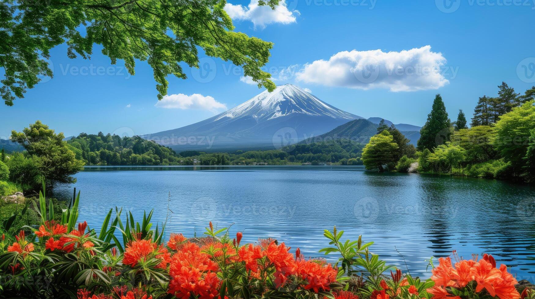 ai gerado majestoso montar Fuji tem vista para sereno lago dentro tirar o fôlego cena, ai gerado. foto