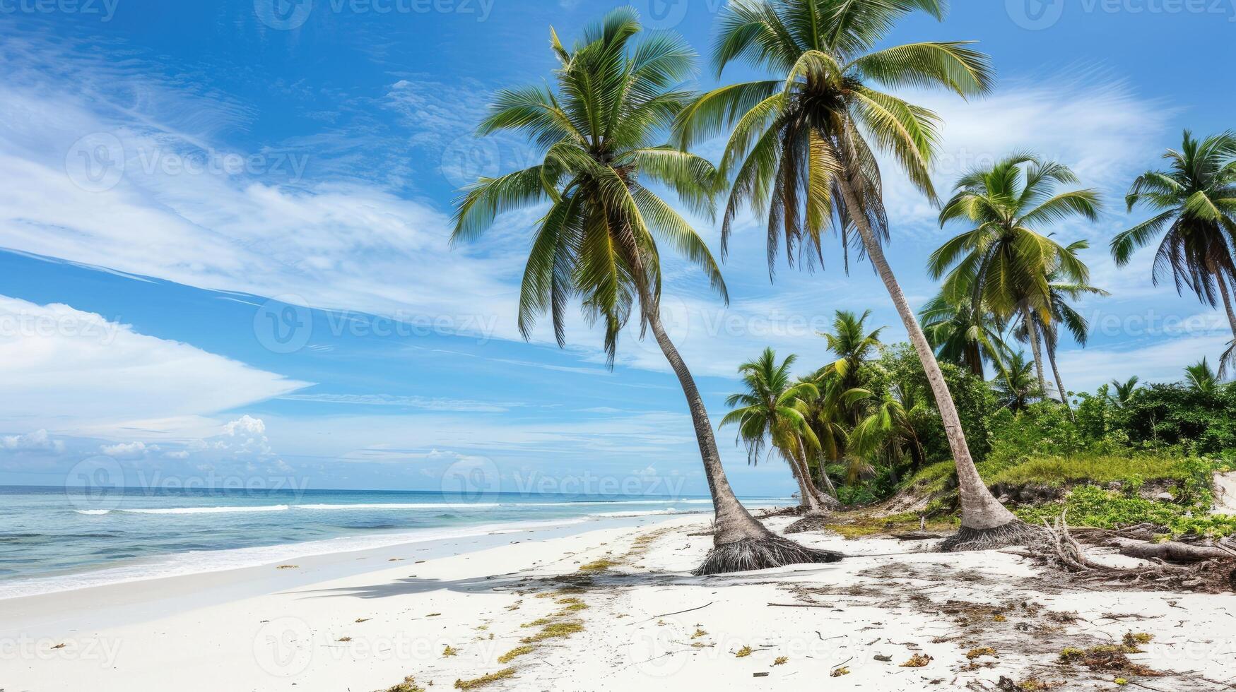 ai gerado imergir você mesmo dentro a selvagem beleza do uma tropical praia, Onde coco árvores balançar dentro harmonia, ai gerado. foto