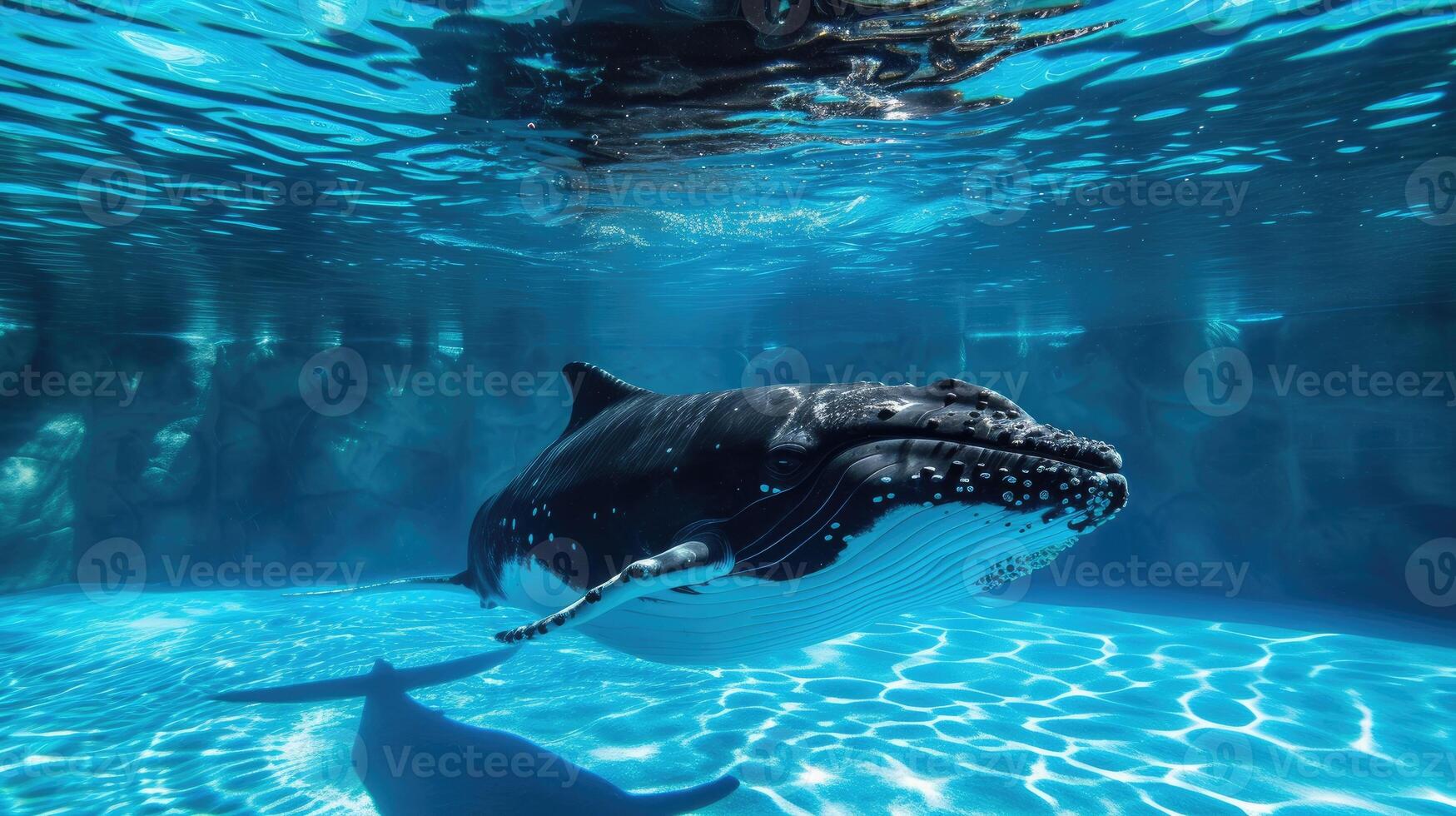 ai gerado Hilário embaixo da agua cena baleia dentro piscina tocam profundo mergulho Ação, ai gerado. foto