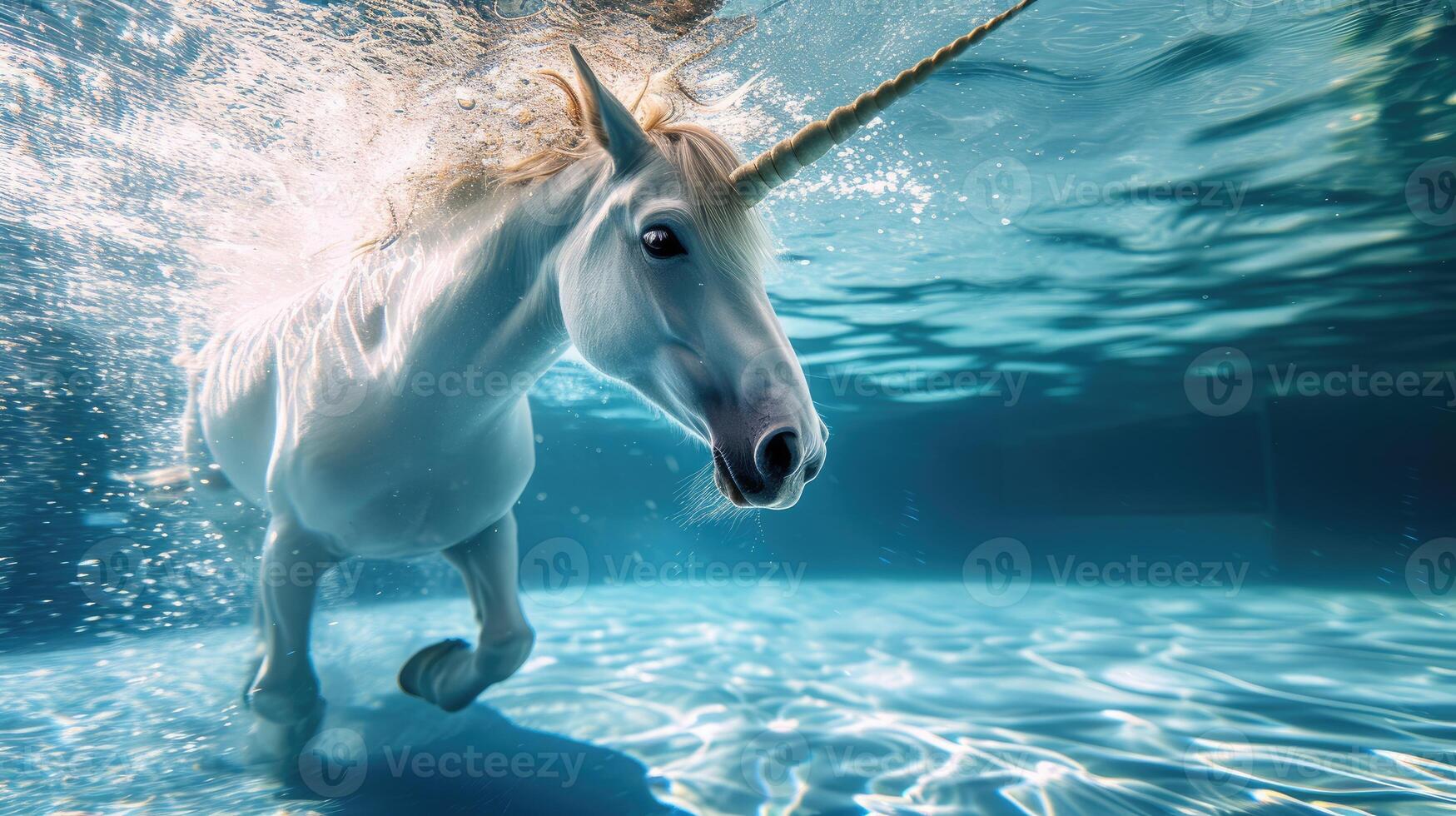 ai gerado Hilário embaixo da agua cena unicórnio dentro piscina tocam profundo mergulho Ação, ai gerado. foto