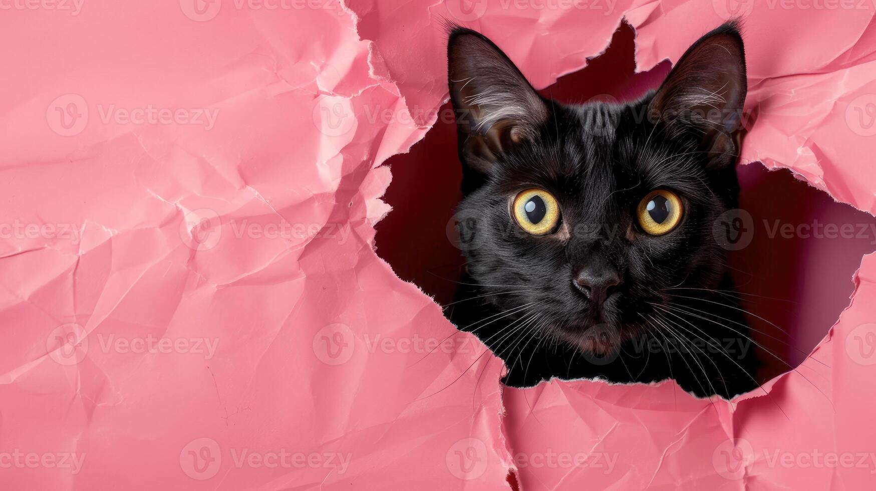 ai gerado uma humorístico gato pares através uma rasgado orifício dentro uma contraste pastel cor papel fundo, ai gerado foto