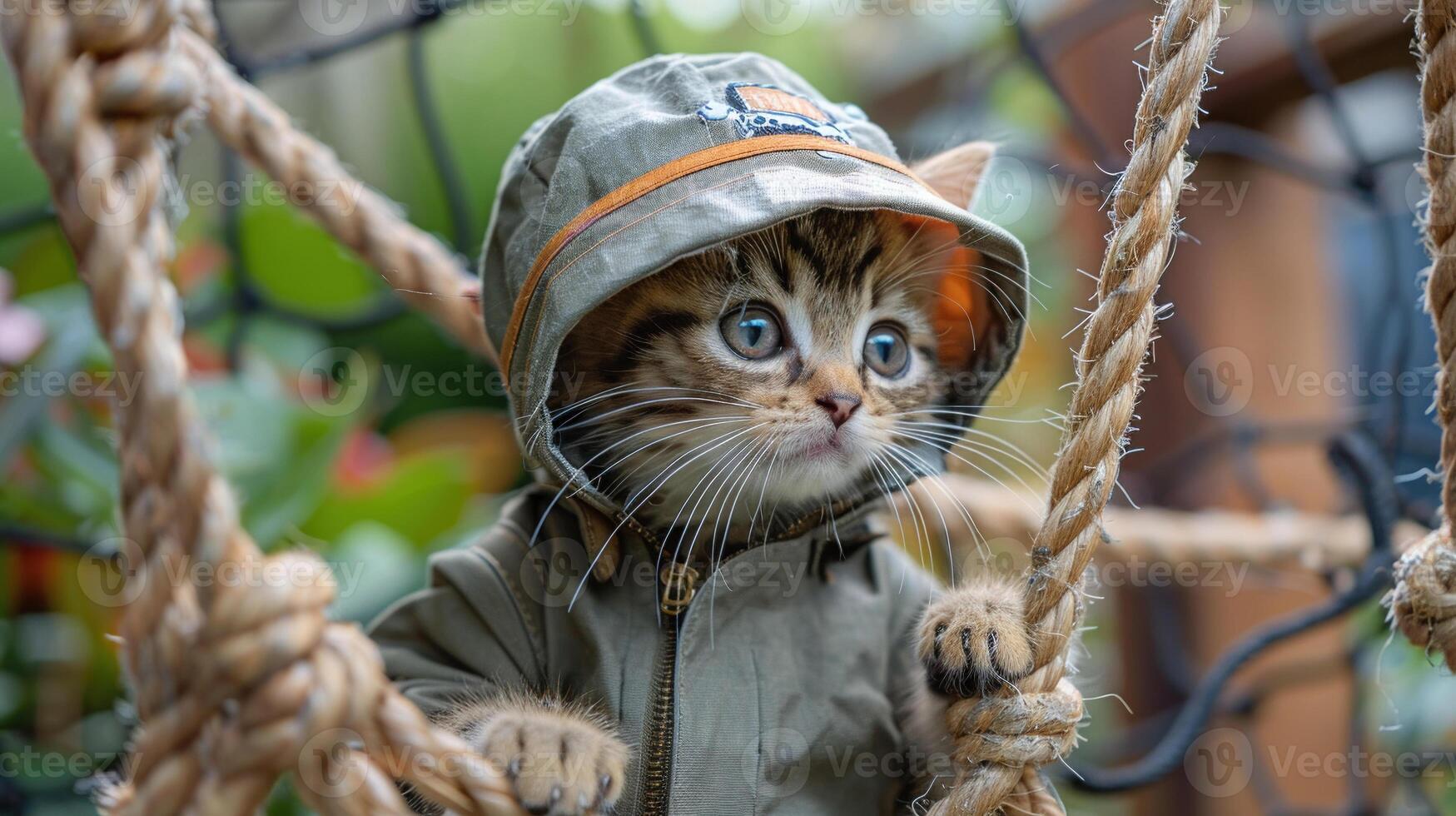 ai gerado aventureiro gatinho dentro uma selva explorador equipamento foto