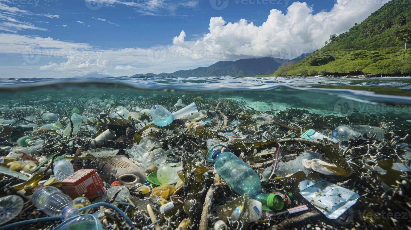 ai gerado quebra a plástico ciclo dentro nosso oceanos - banindo plástico poluição, água dia conceito. foto